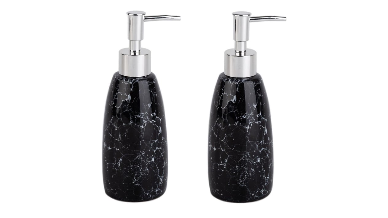 Banyo Seti Mermer Desenli Siyah Sıvı Sabunluk 2 Adet 8X8X17Cm 300Ml