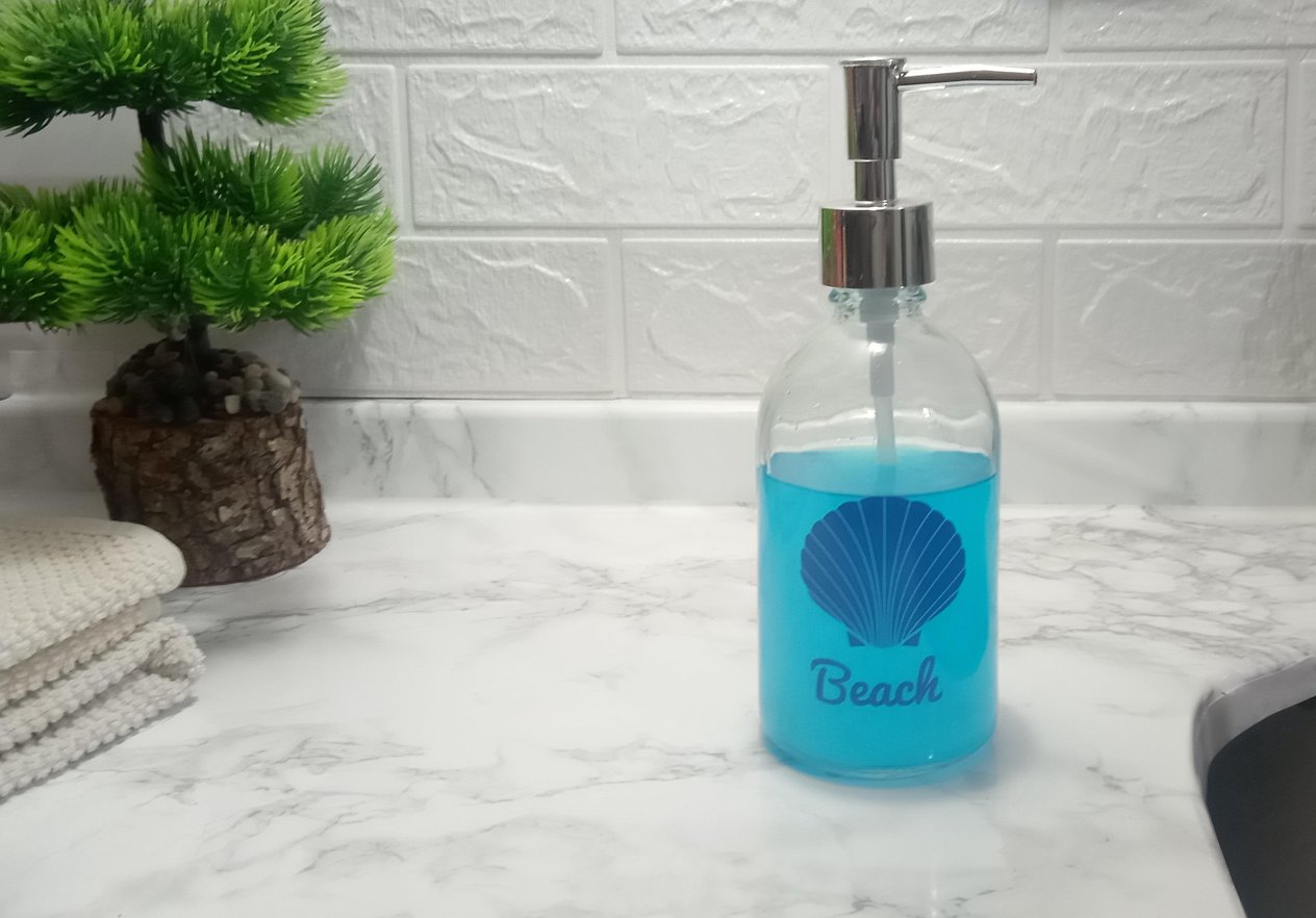Cam Sıvı Sabunluk,Plaj Yazılı 7x7x20cm360ml Banyo Seti 