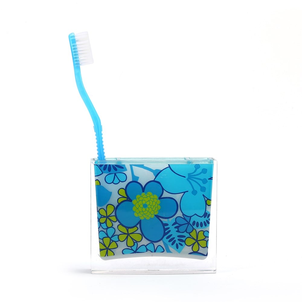Diş Fırçalık Mavi Çiçekli akrilik 10x10x3cm