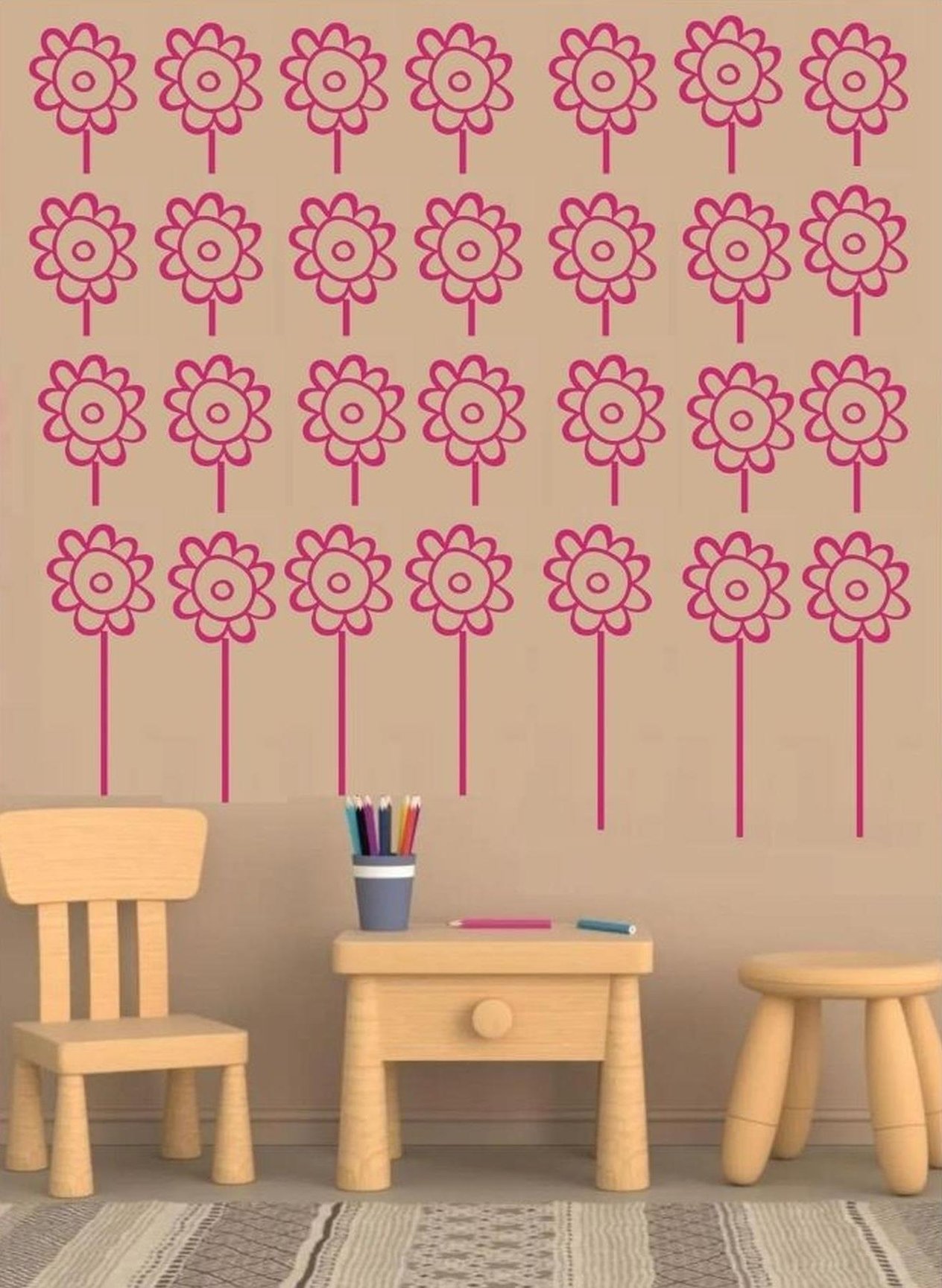 Duvar Süsü (Sticker) Pembe Papatyalı Şeffaf Filmli Pvc 48x33x0,5cm