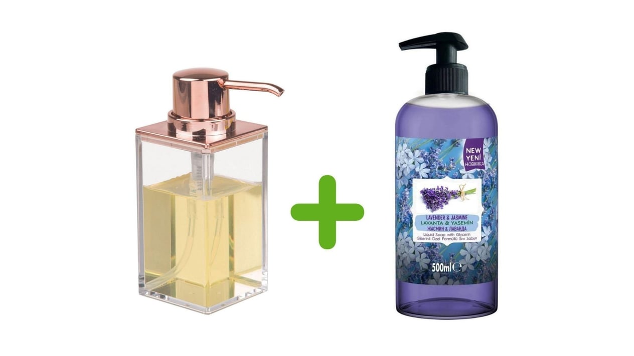 Modern Bakır Tasarımlı Sıvı Sabunluk Ve 1 Adet 500 Ml Sıvı Sabun Lavanta Kokulu