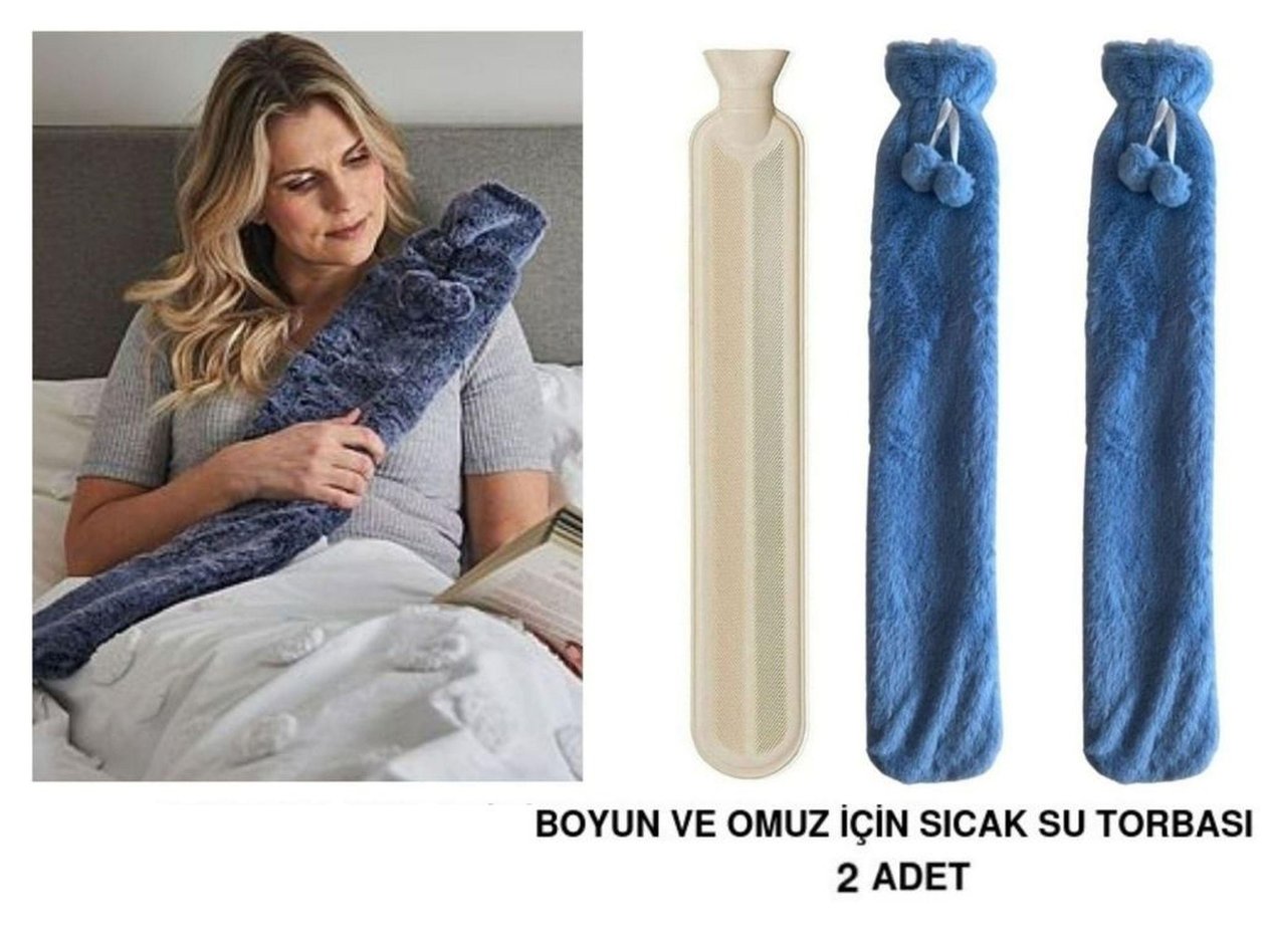 Sıcak Su Torbası 2 Adet,Boyun Ve Omuz Icın  Uzun Peluş Mavi Ponponlu 2Lt Termofor 75X13Cm