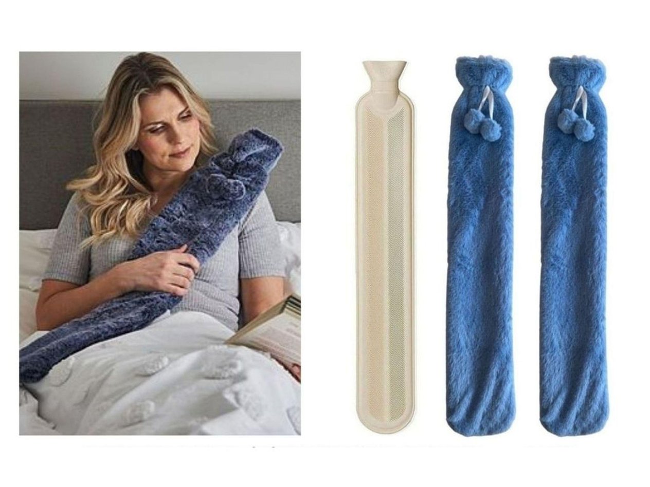 Sıcak Su Torbası 2 Adet,Boyun Ve Omuz Icın  Uzun Peluş Mavi Ponponlu 2Lt Termofor 75X13Cm