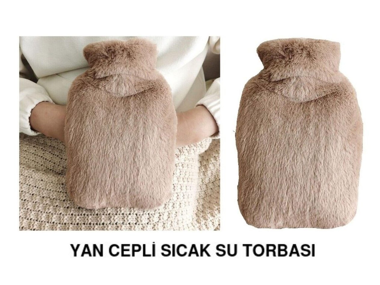 Sıcak Su Torbası Yan Cepli Bej  Peluş Termofor 27x17x2cm 750ml