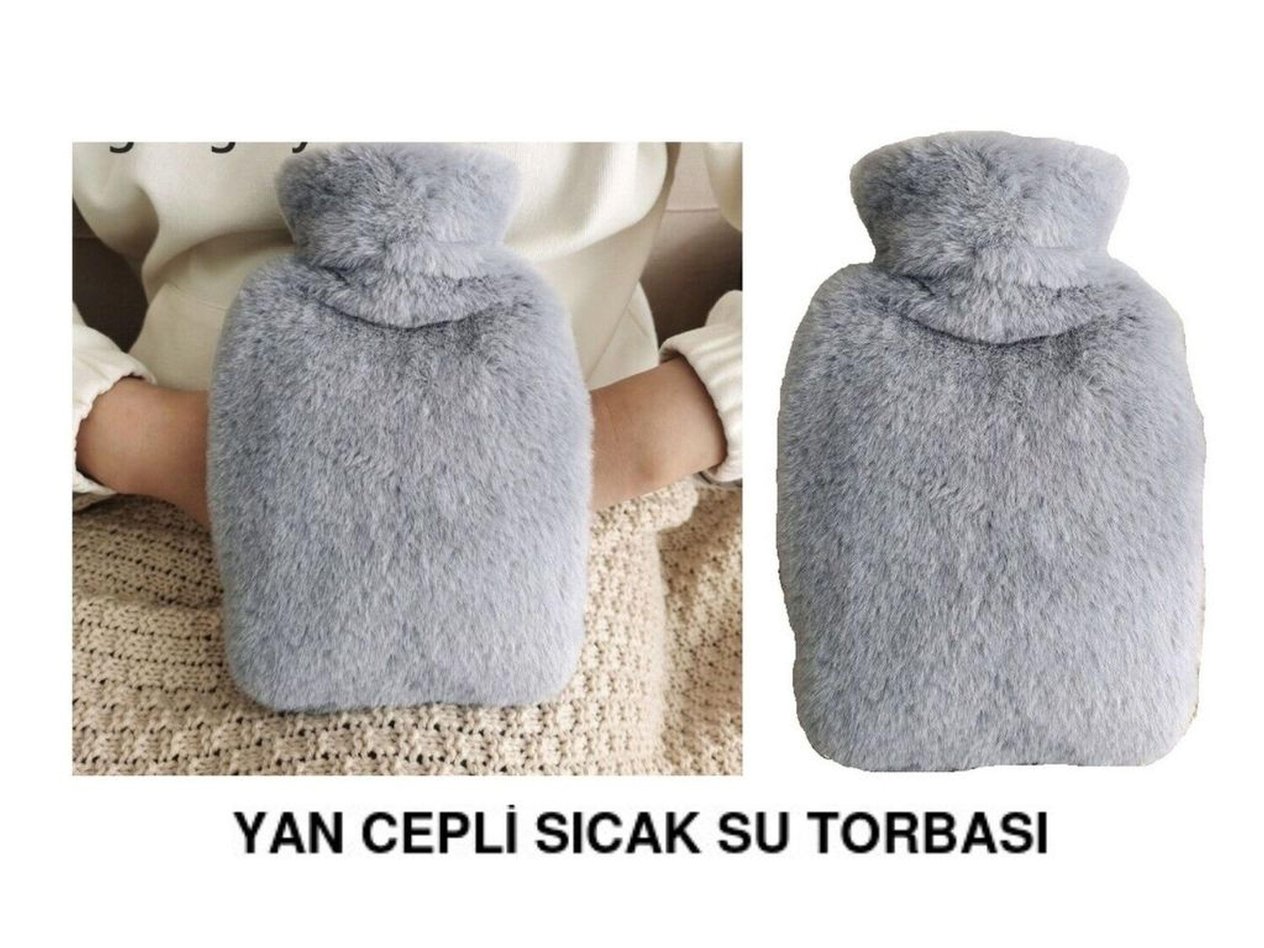 Sıcak Su Torbası Yan Cepli Gri  Peluş Termofor 27x17x2cm 750ml