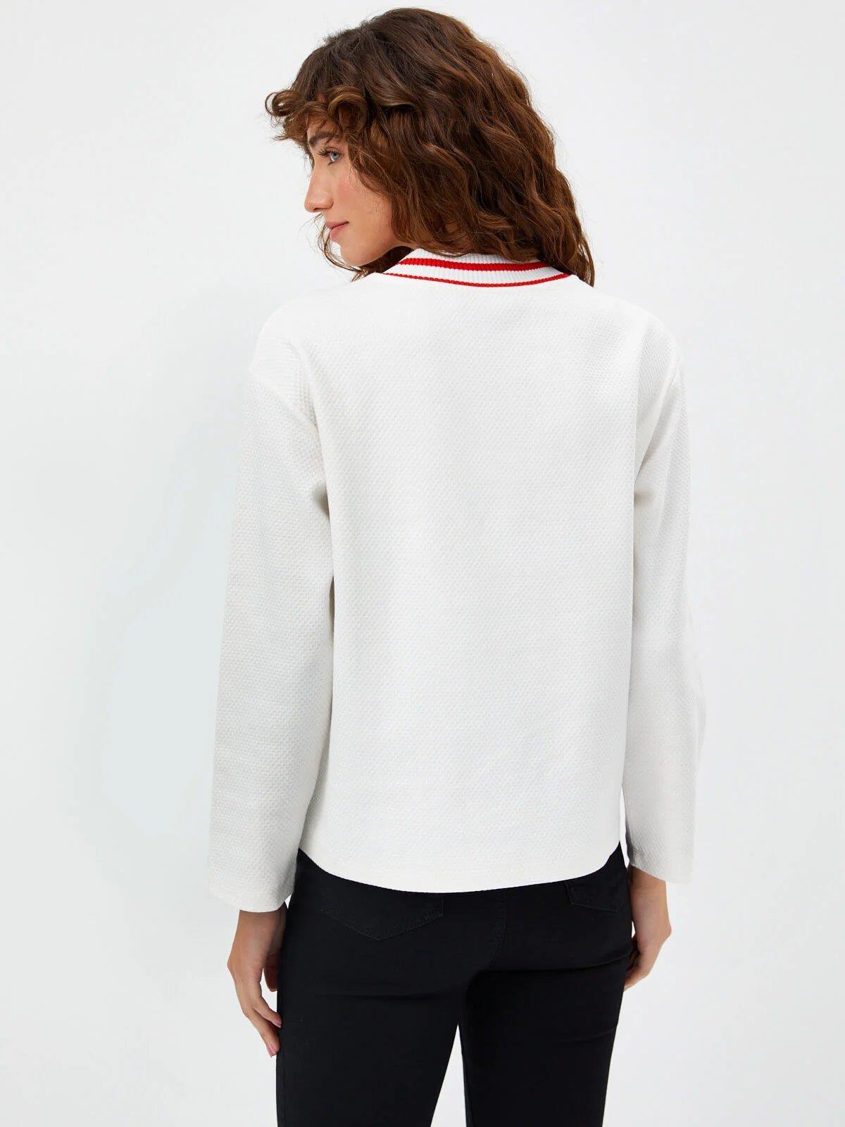 Faik Sönmez U68562 Çizgili Triko Yaka Petek Örgü Sweatshirt Ekru