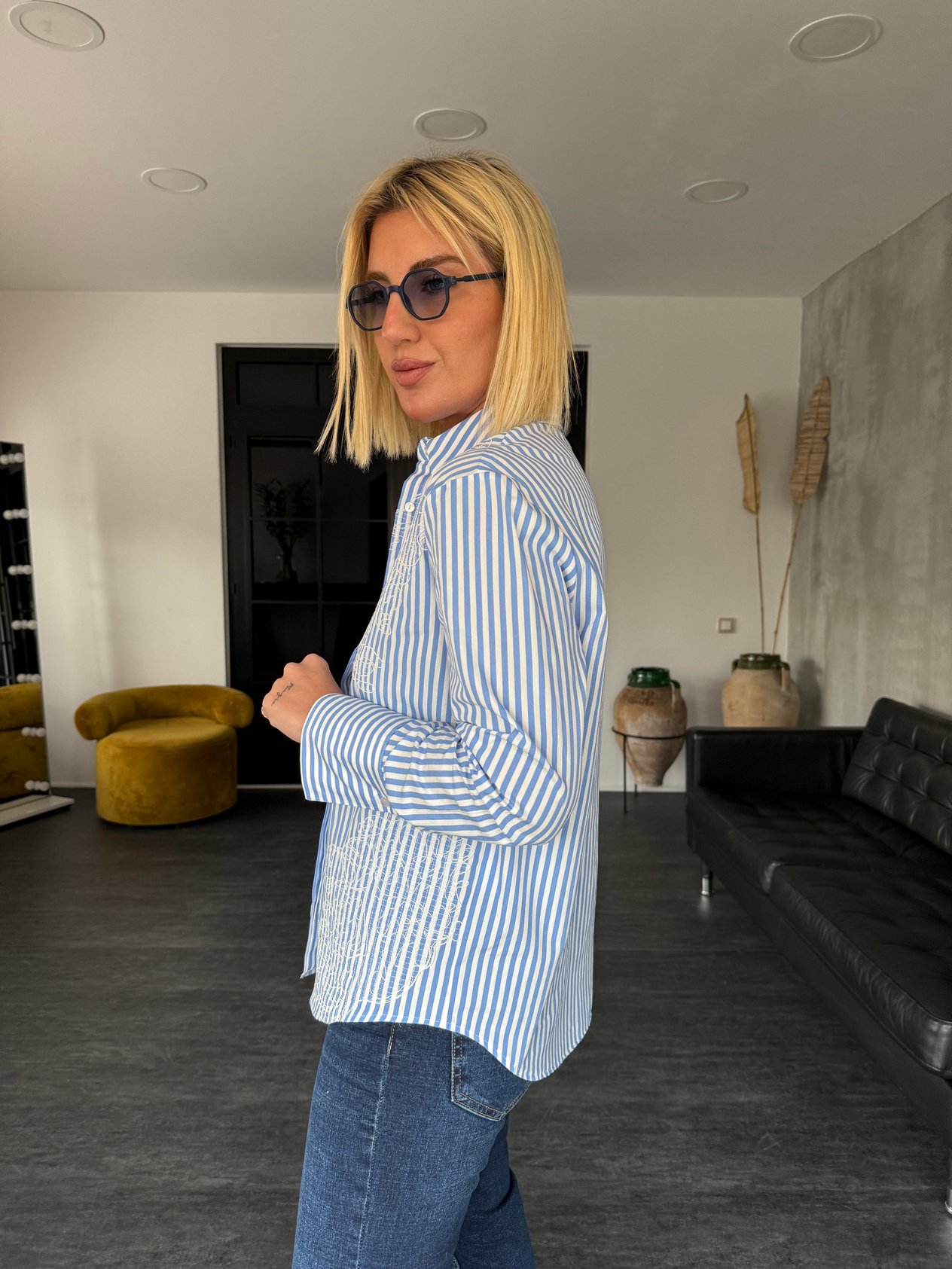 Premium Nakış İşlemeli , %100 Koton , Çizgili Poplin Gömlek