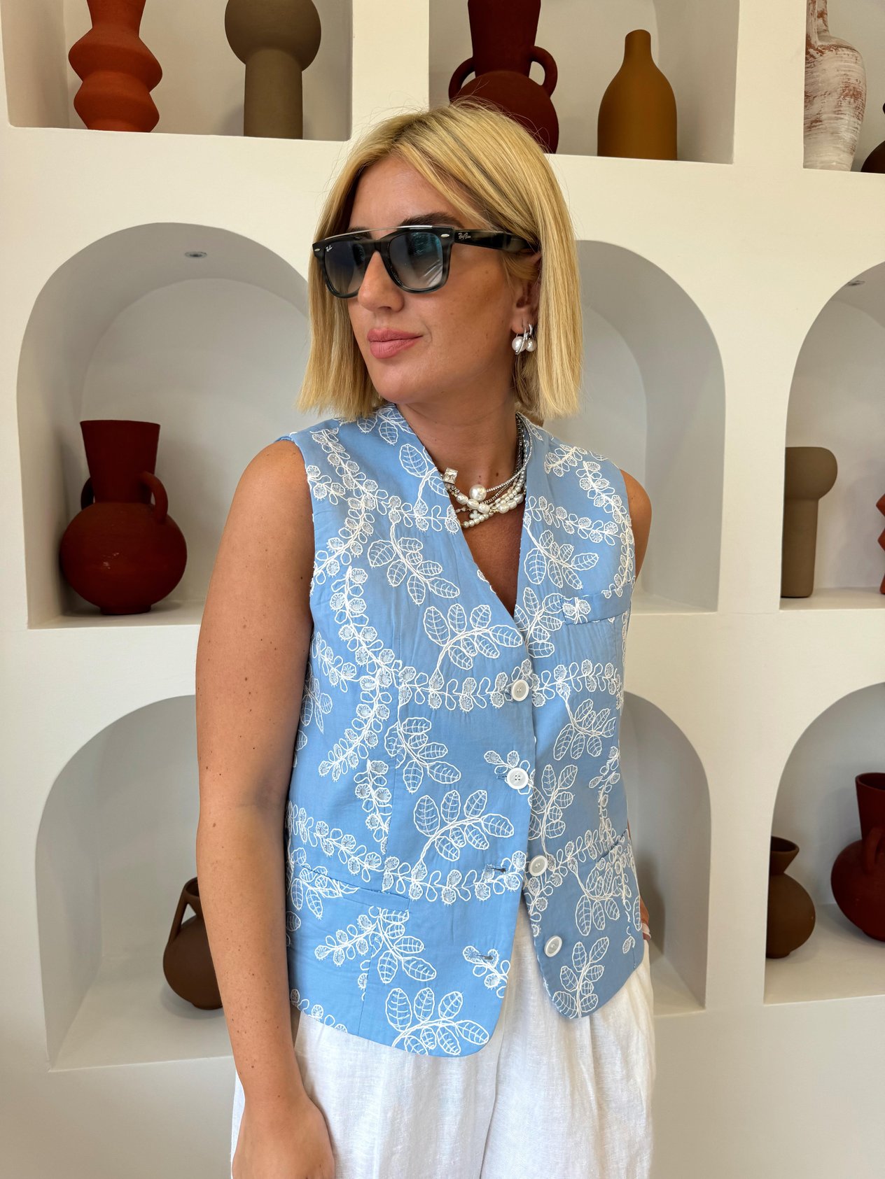 %100 Coton Nakış İşlemeli Mavi Yelek