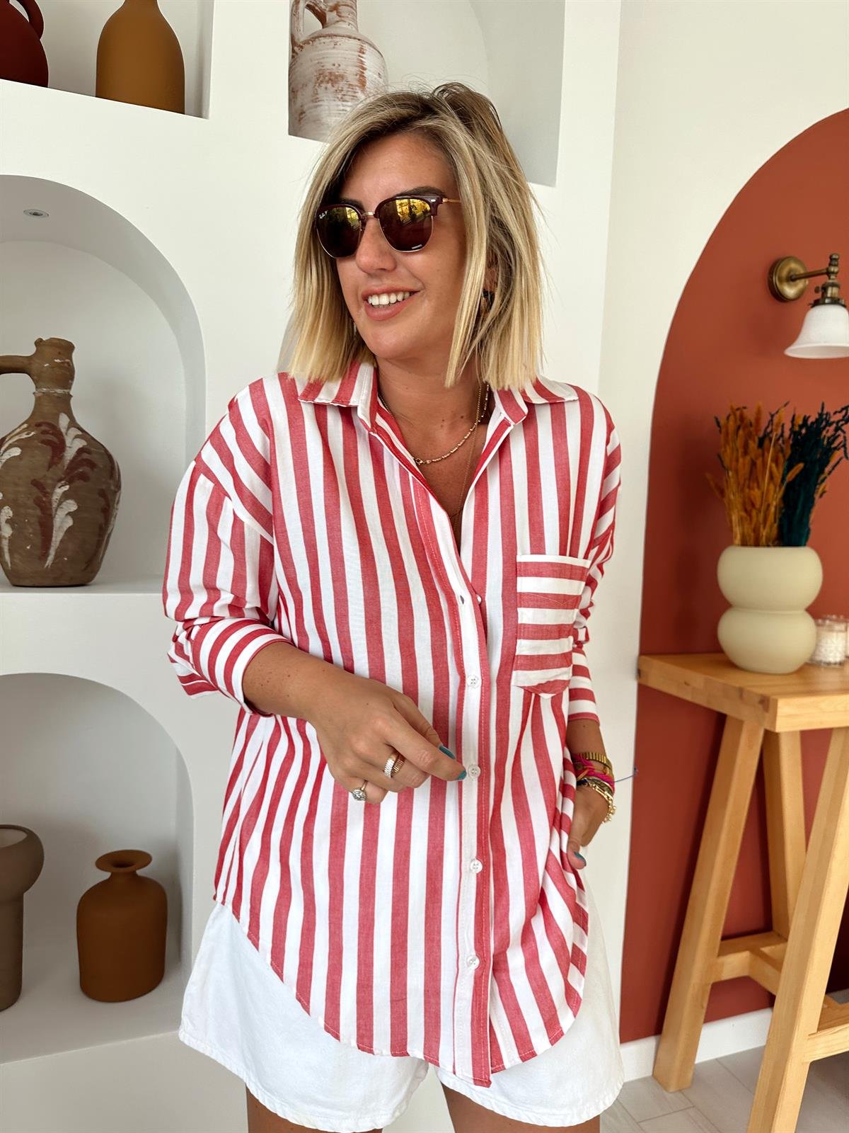 %100 Cotton Viskon Kırmızı Çizgili Gömlek