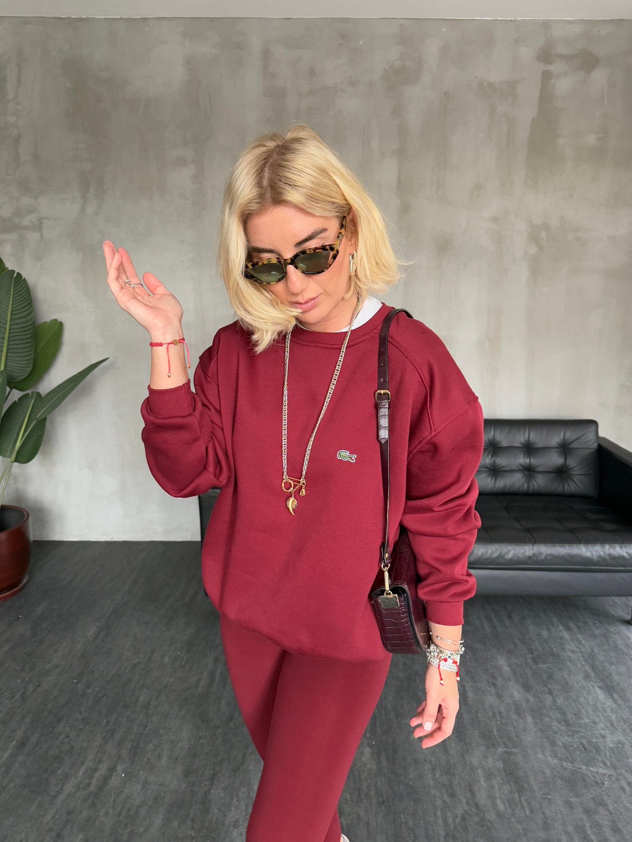 Logolu , İçi Şardonlu , Bordo Sweatshirt
