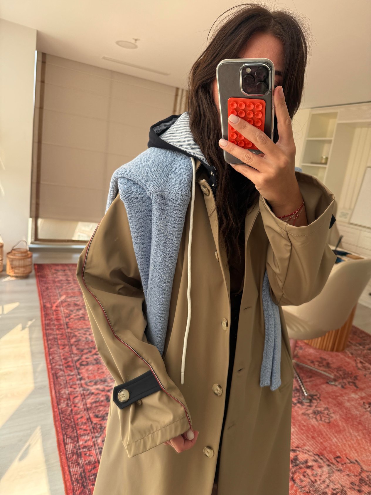 Lacivert Kapişonlu , Bej , Premium Trenchcoat