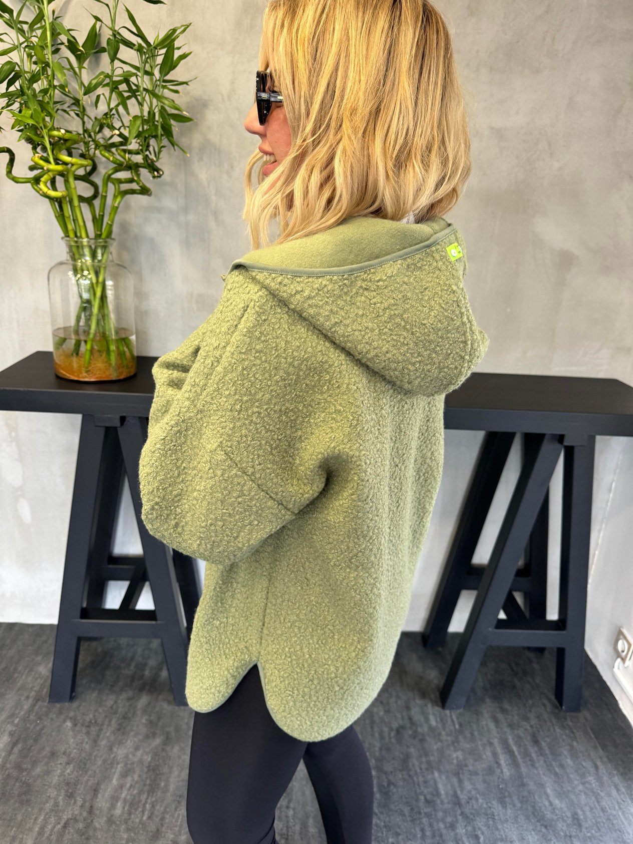 Yeşil , Kapüşonlu Teddy Sweatshirt