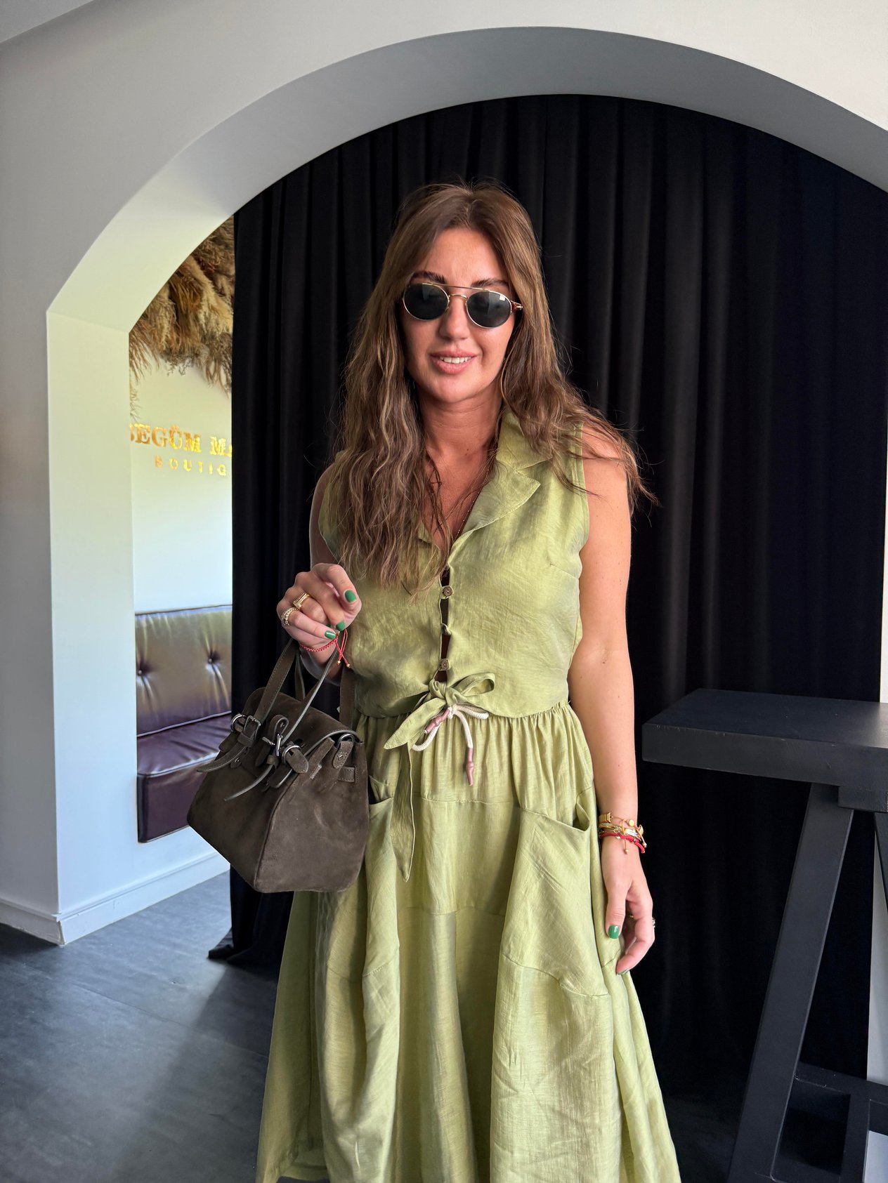 Haki Önden Düğmeli, Arkası Lastikli Premium Tencel Yelek