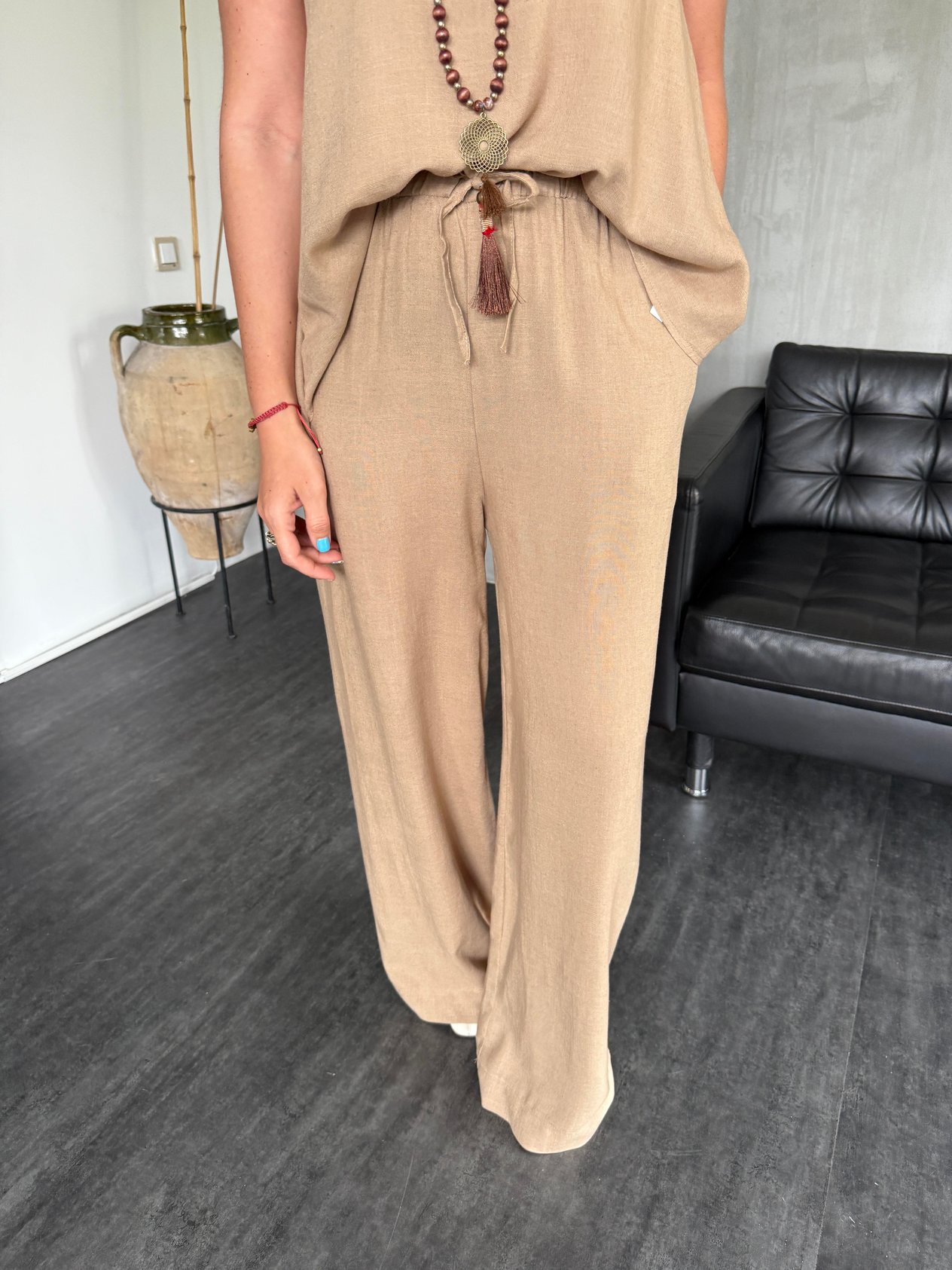Bej , Beli Lastikli , Tencel Keten , Palazzo Pantolon