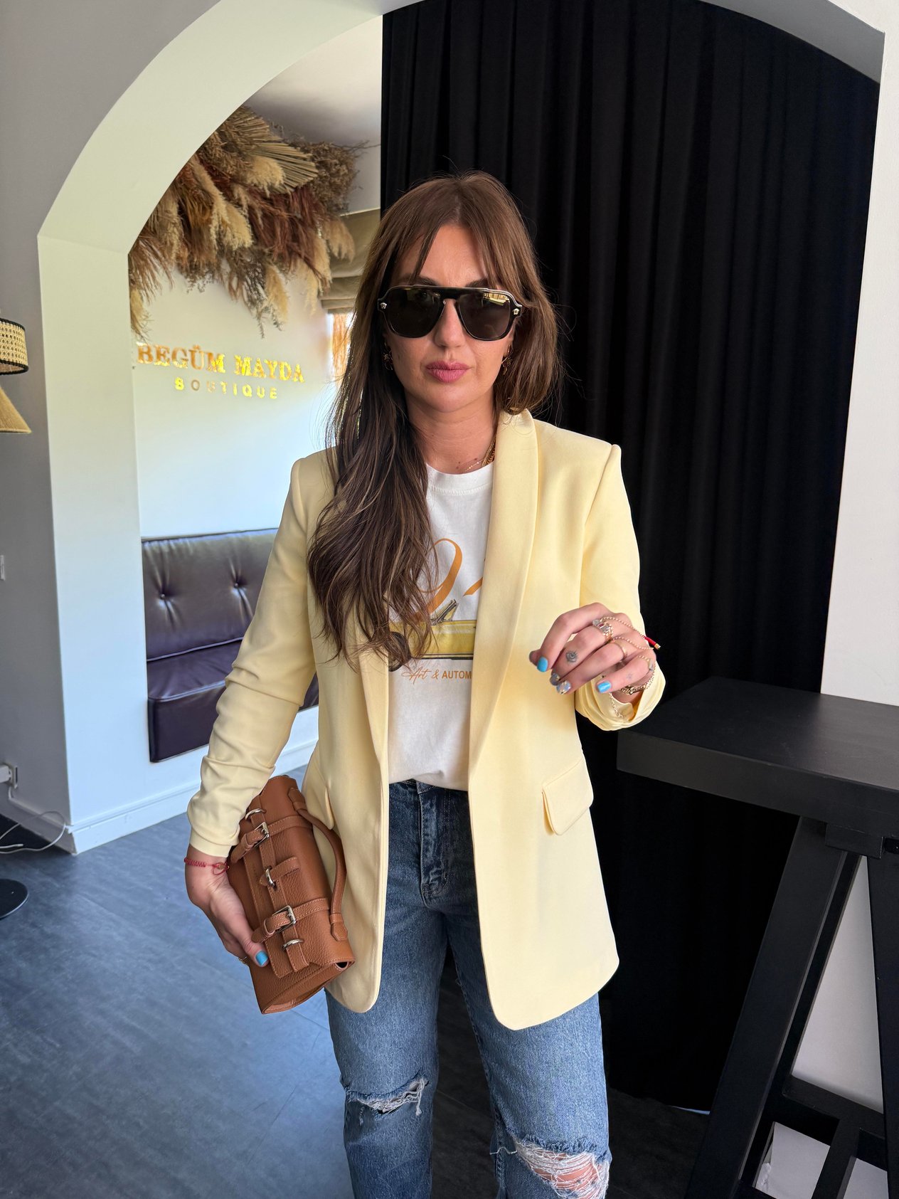 Orijinal Model , Kolu Büzgülü , Likralı , Sarı Blazer Ceket