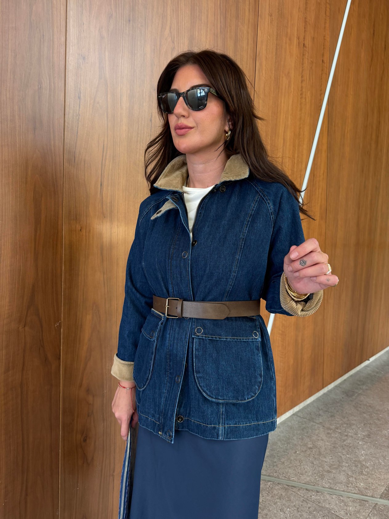 Kadife Yaka , İçi Ekose Astarlı , Kemerli , Premium Jean Ceket