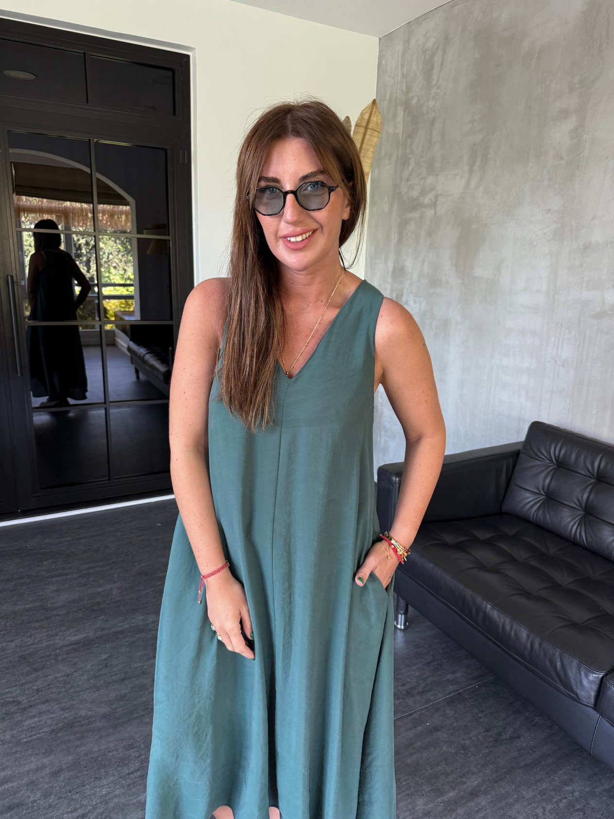 V Yaka , Zümrüt Yeşili , Tencel Elbise