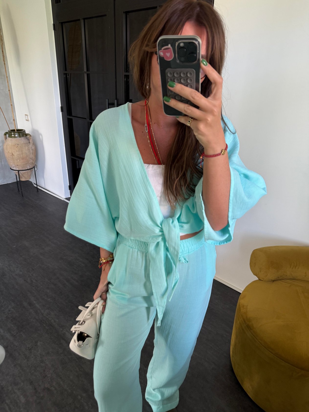 %100 Coton , Mint Yeşili , Önden Bağlamalı , Beli Lastikli , Müslim Takım