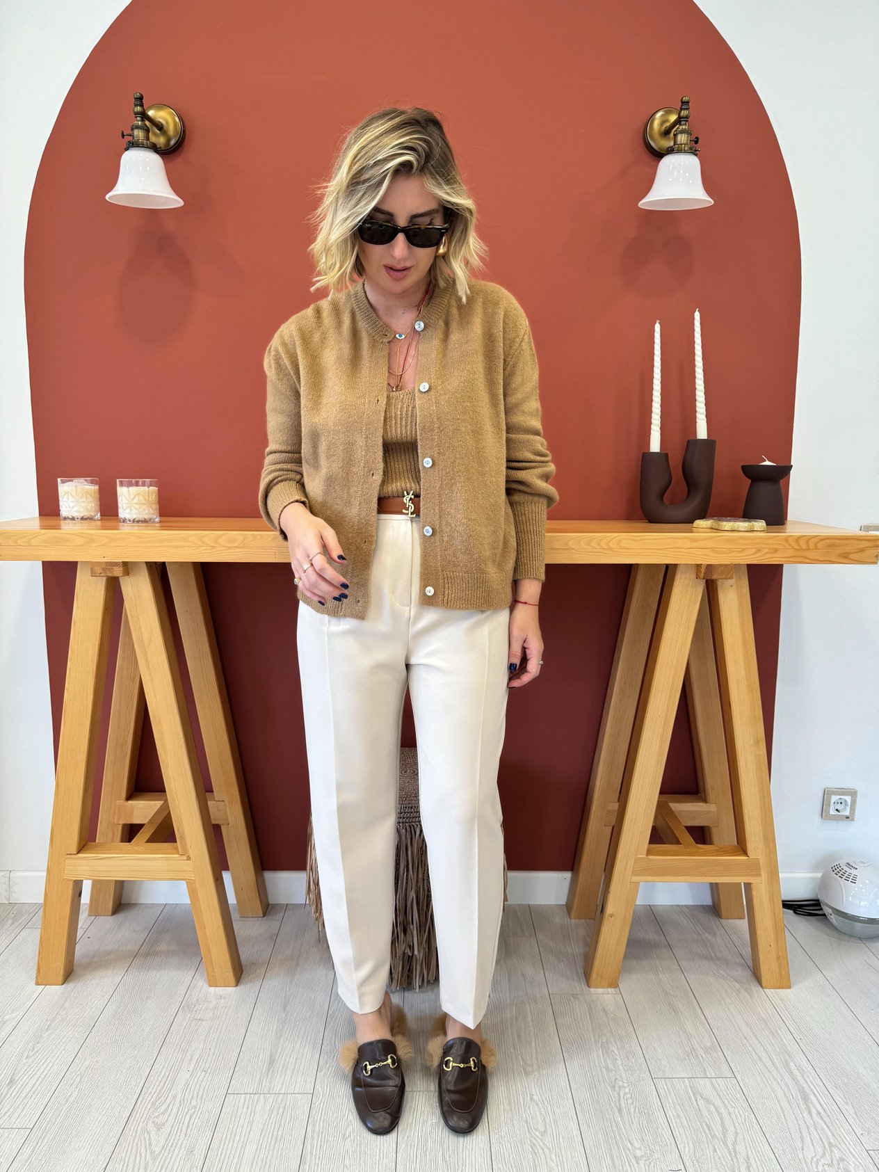 Askılı Bluzlu Camel Triko Takım