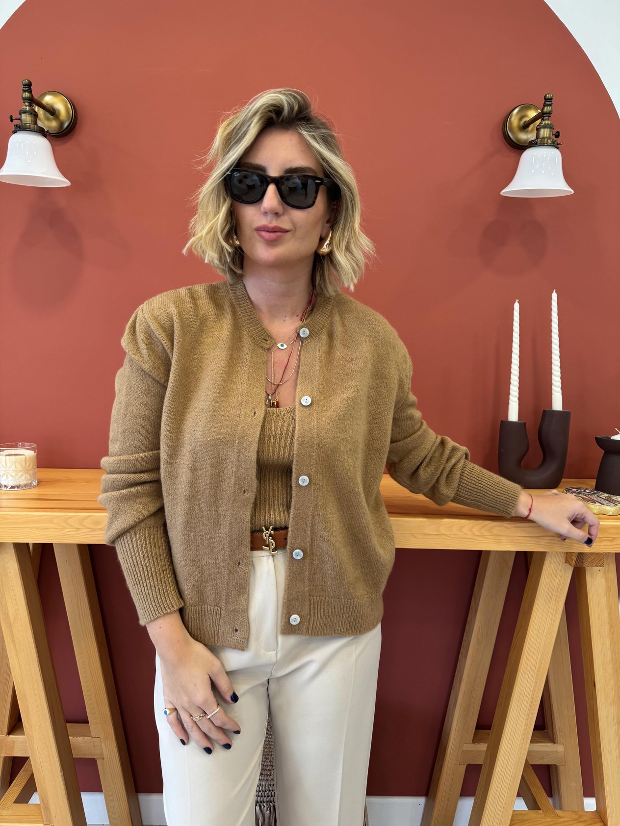 Askılı Bluzlu Camel Triko Takım