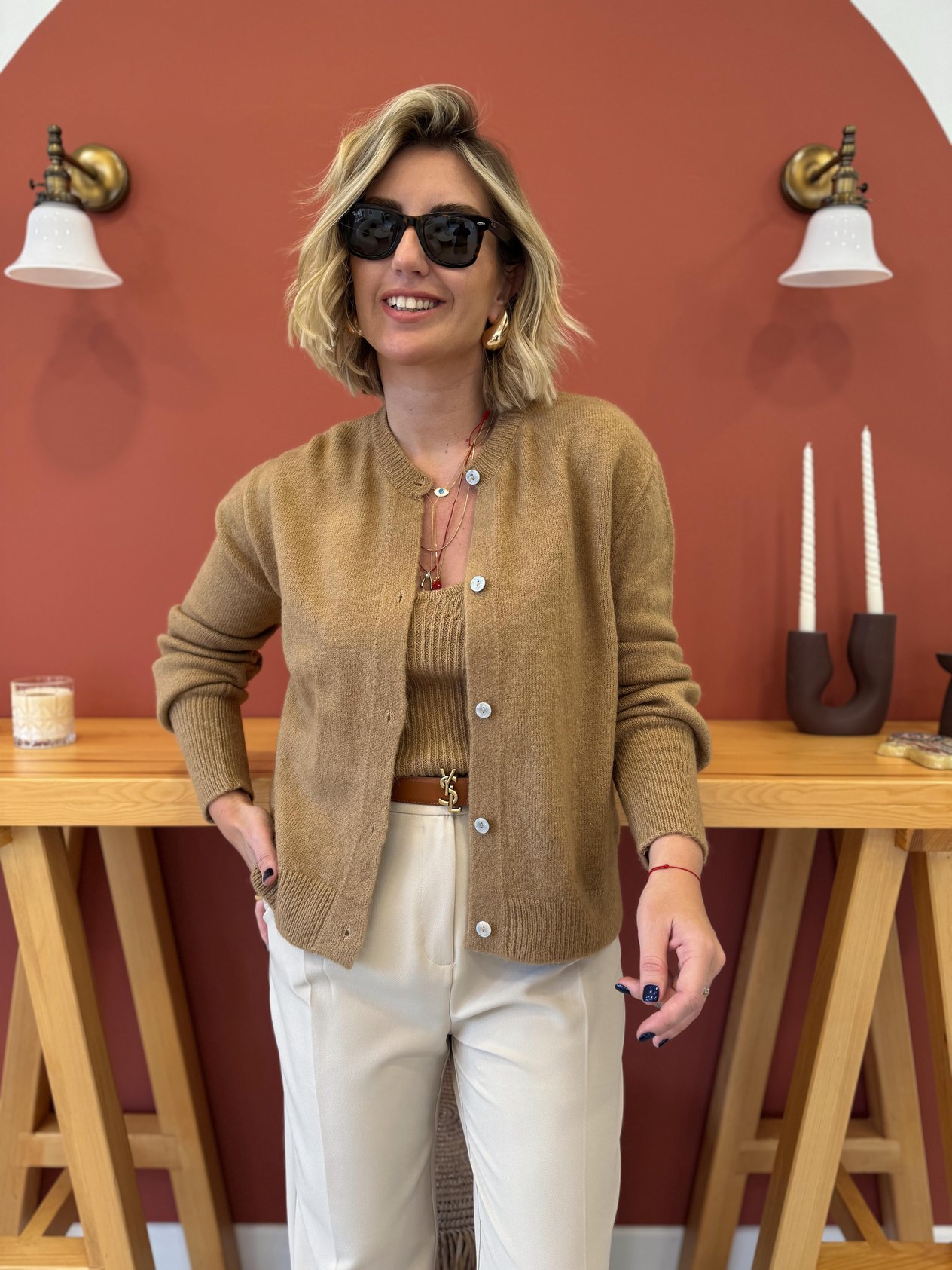 Askılı Bluzlu Camel Triko Takım