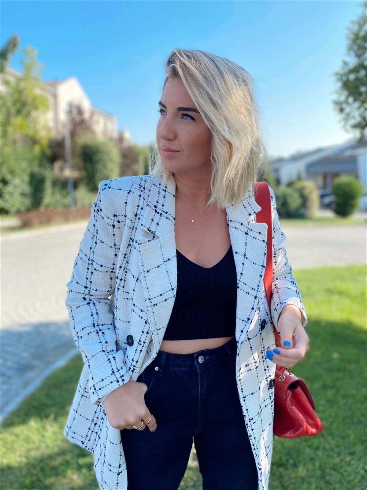 Beyaz, Chanel Kumaş Ekoseli Ceket