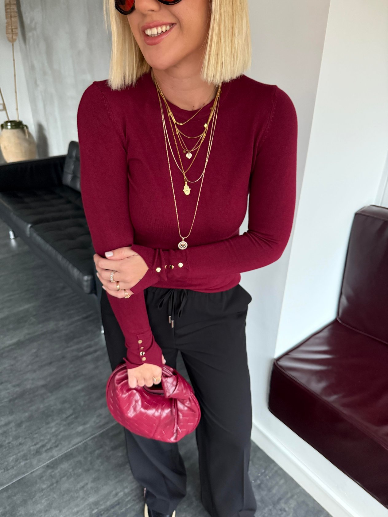 Kolu Gold Düğmeli , Yumuşacık Bordo Triko