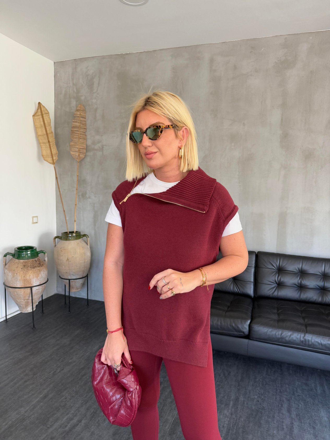 Yandan Fermuarlı , Bordo Triko Süveter