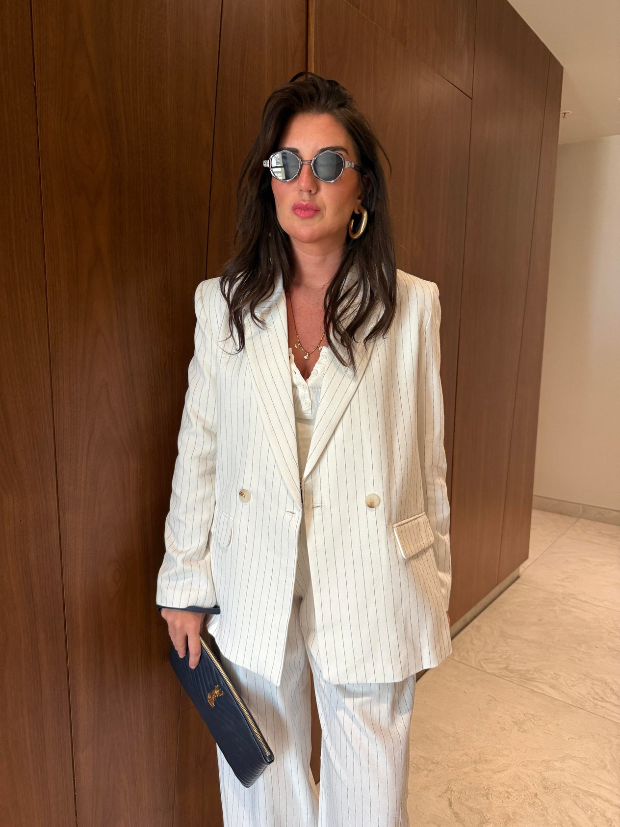 %100 Keten , Lacivert Çizgili , Blazer & Pantolon Takım
