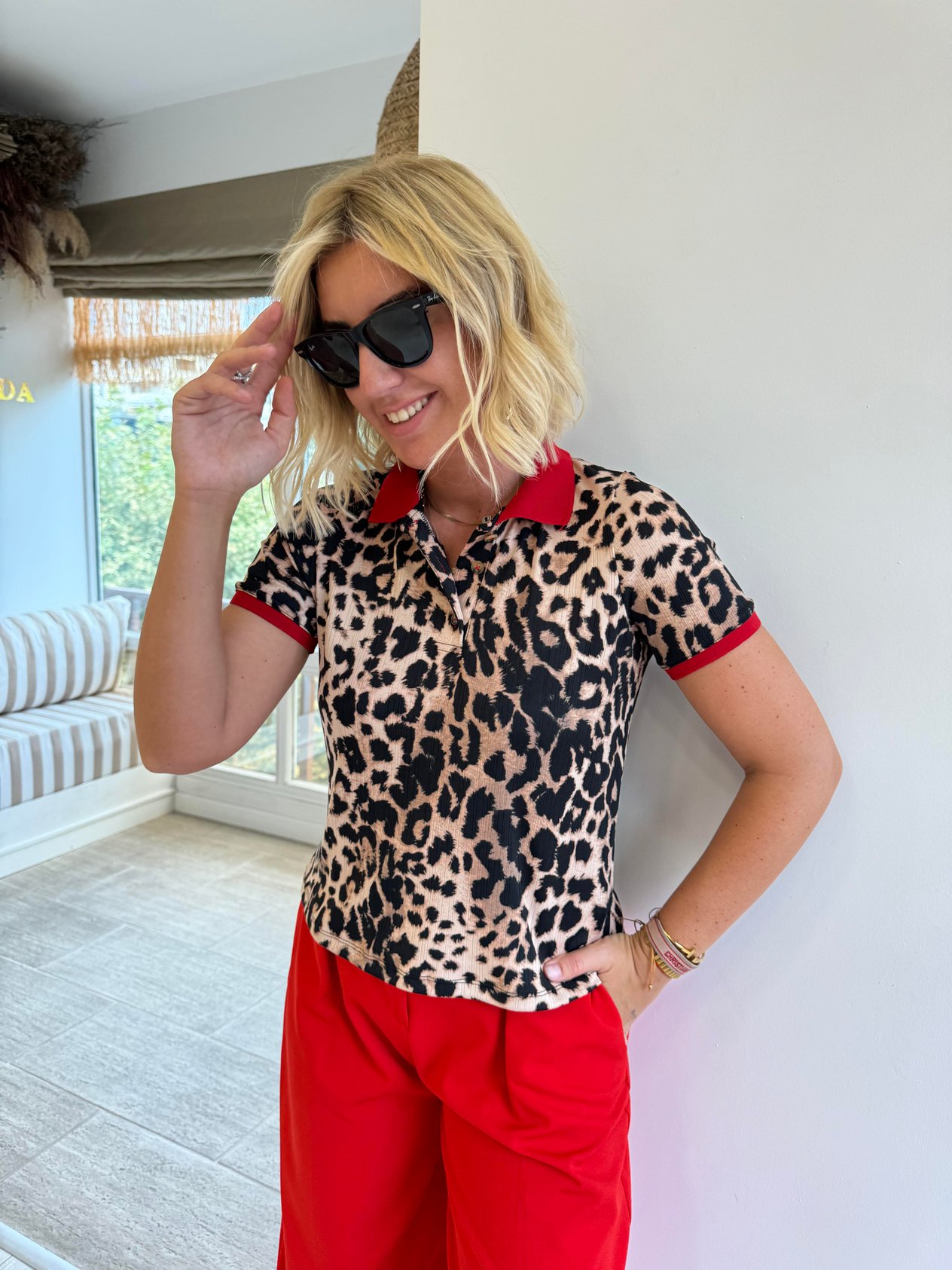 Kırmızı Polo Yaka , Leopar , Likralı Bluz