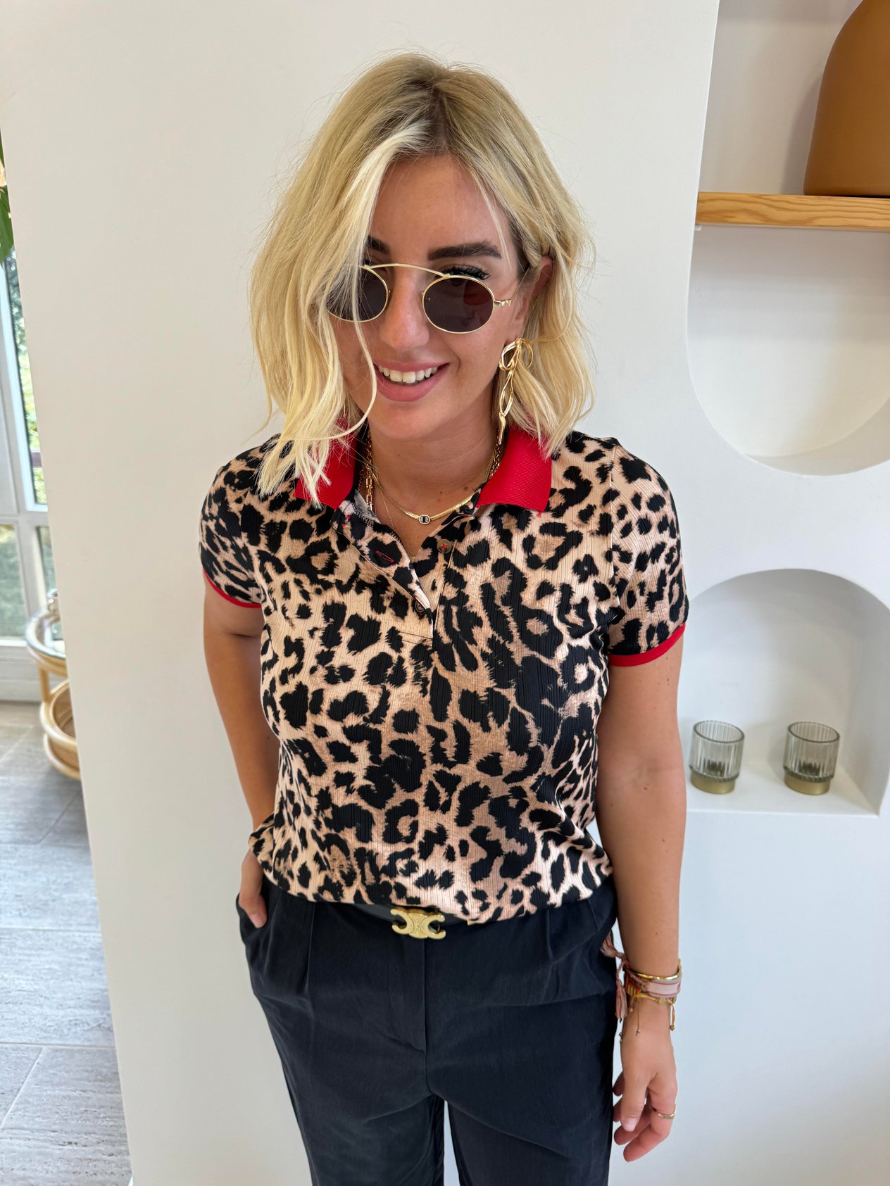 Kırmızı Polo Yaka , Leopar , Likralı Bluz