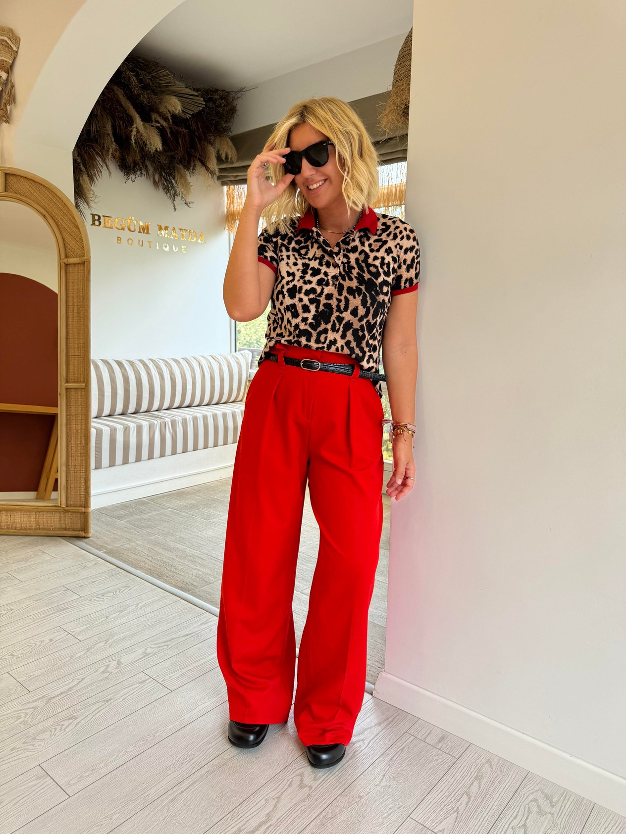 Kırmızı Polo Yaka , Leopar , Likralı Bluz