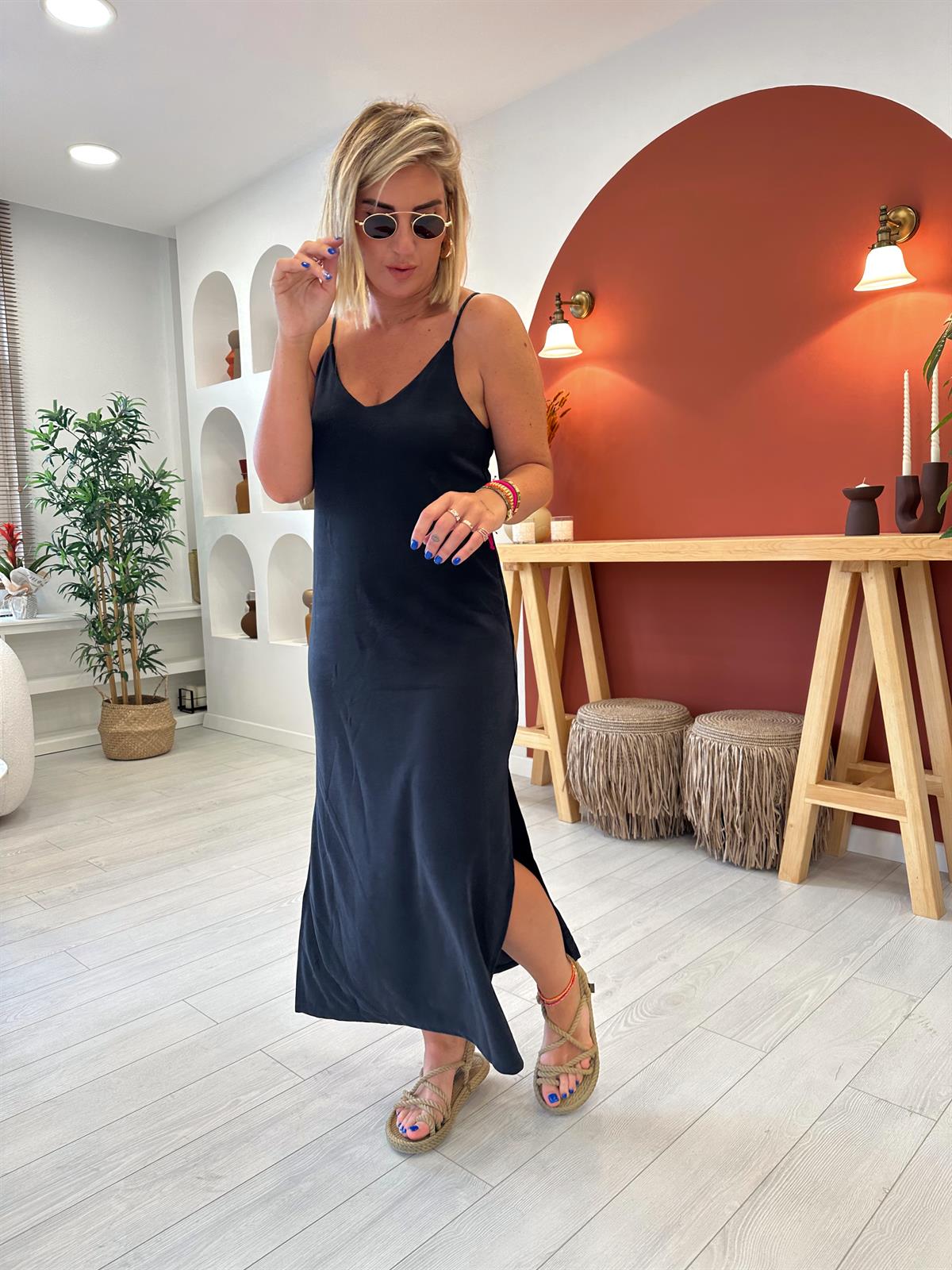 Modal Kumaş, Askılı Füme Rengi Elbise