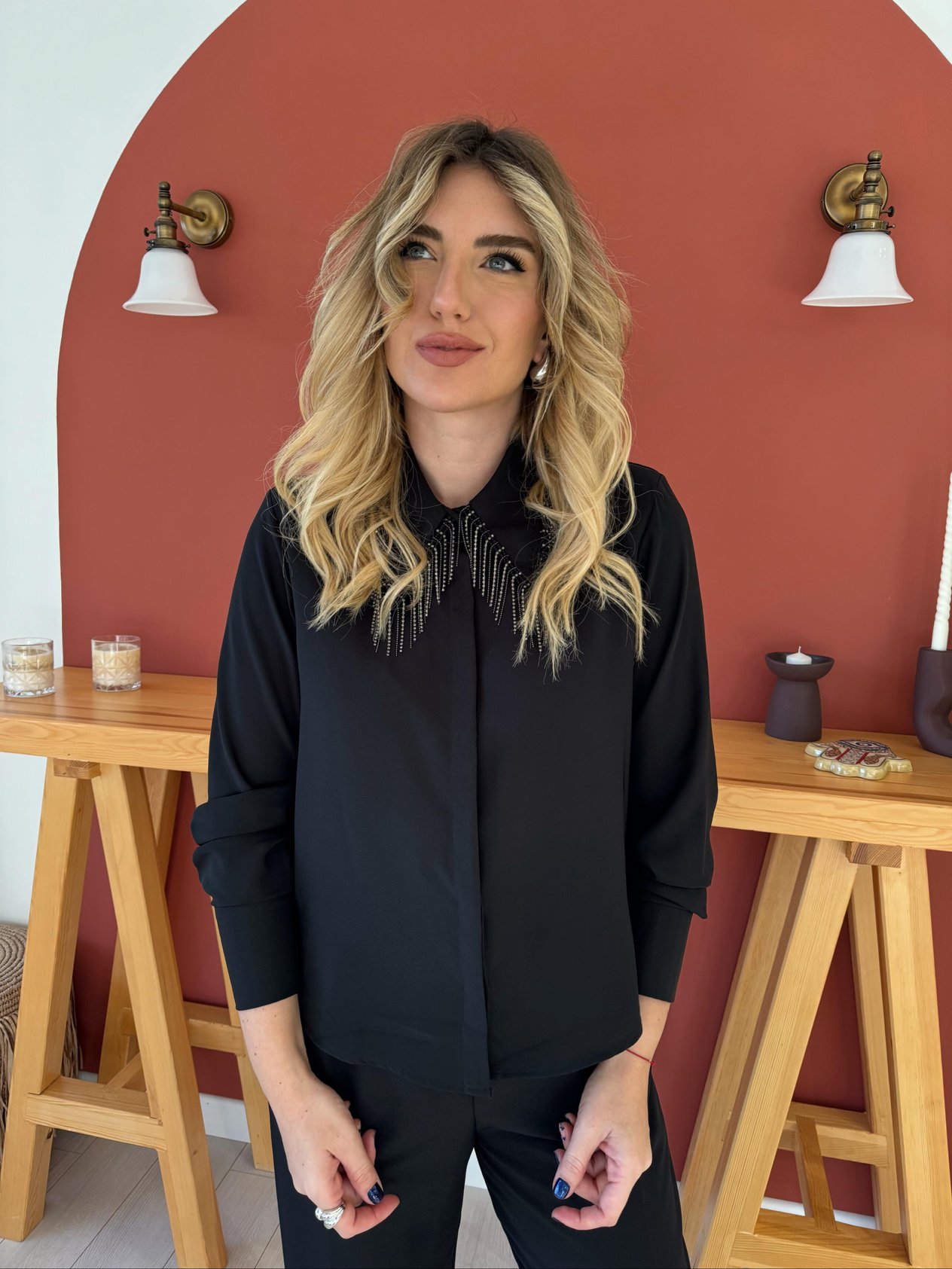 Orijinal Model Sarkıt Taş Yakalı Premium Kumaş Siyah Gömlek
