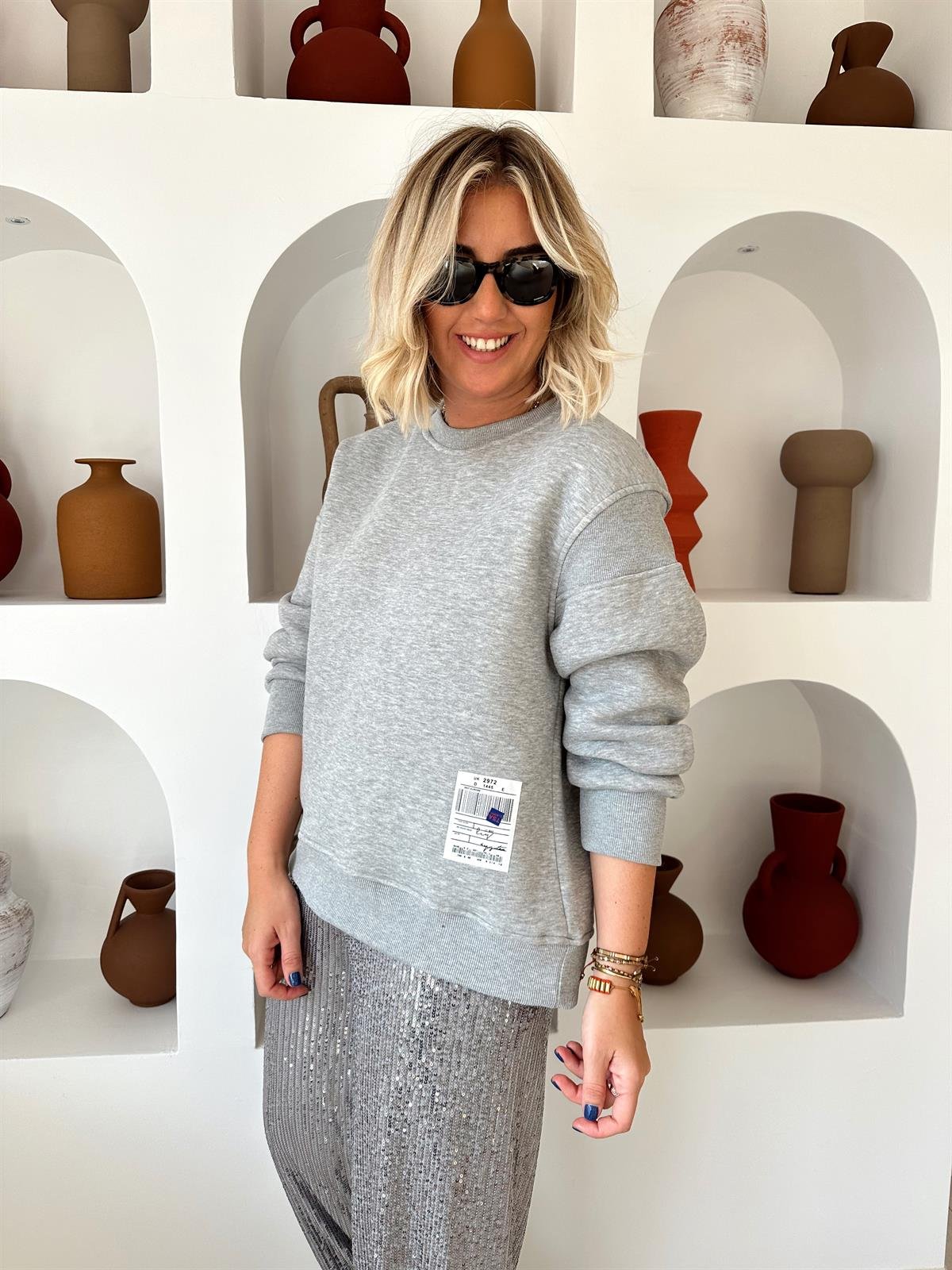 Orjinal Model , Arkası Fermuarlı , Şardonlu Gri Sweat