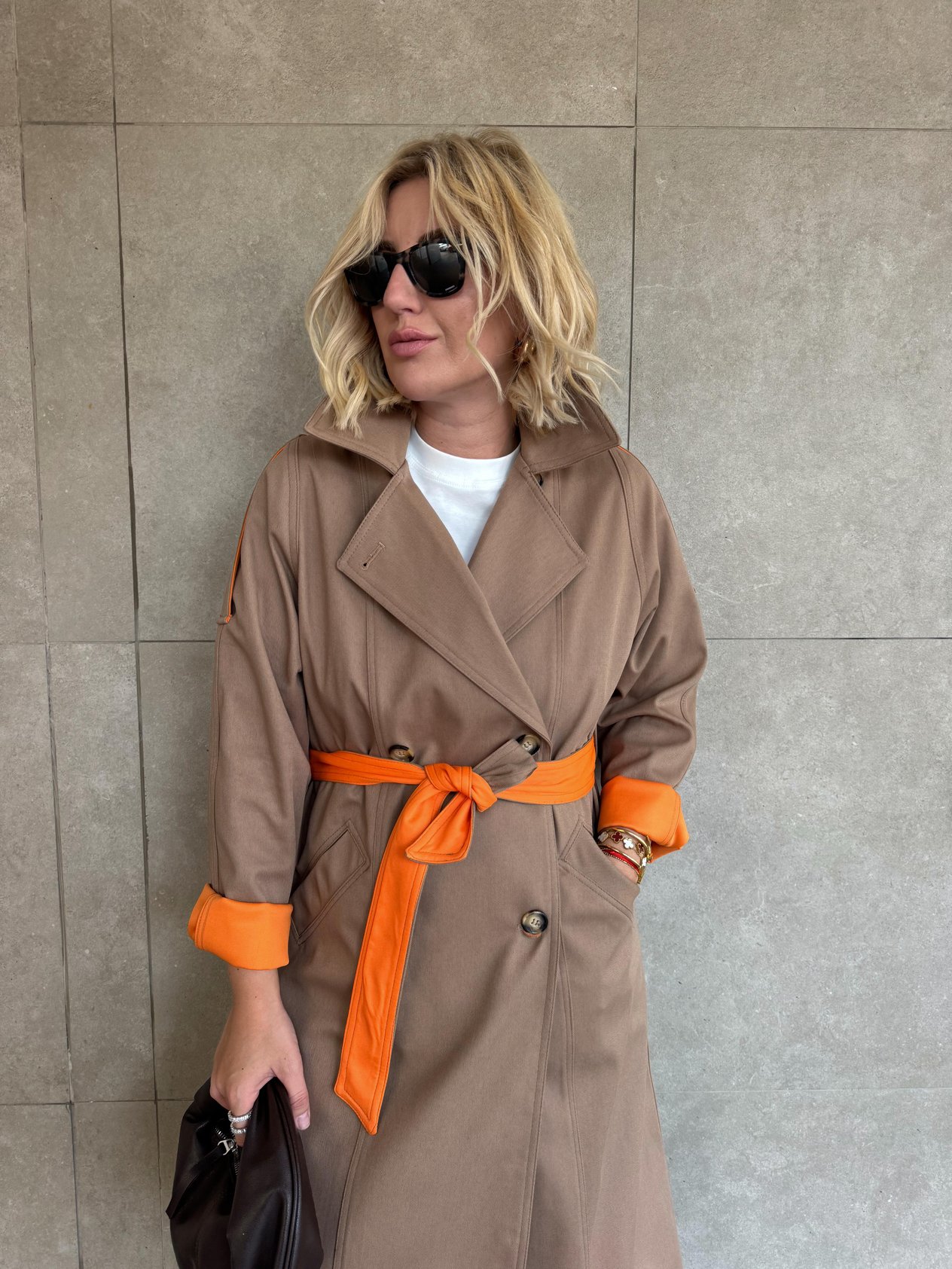 Özel Üretim Turuncu Astarlı Camel Trençkot