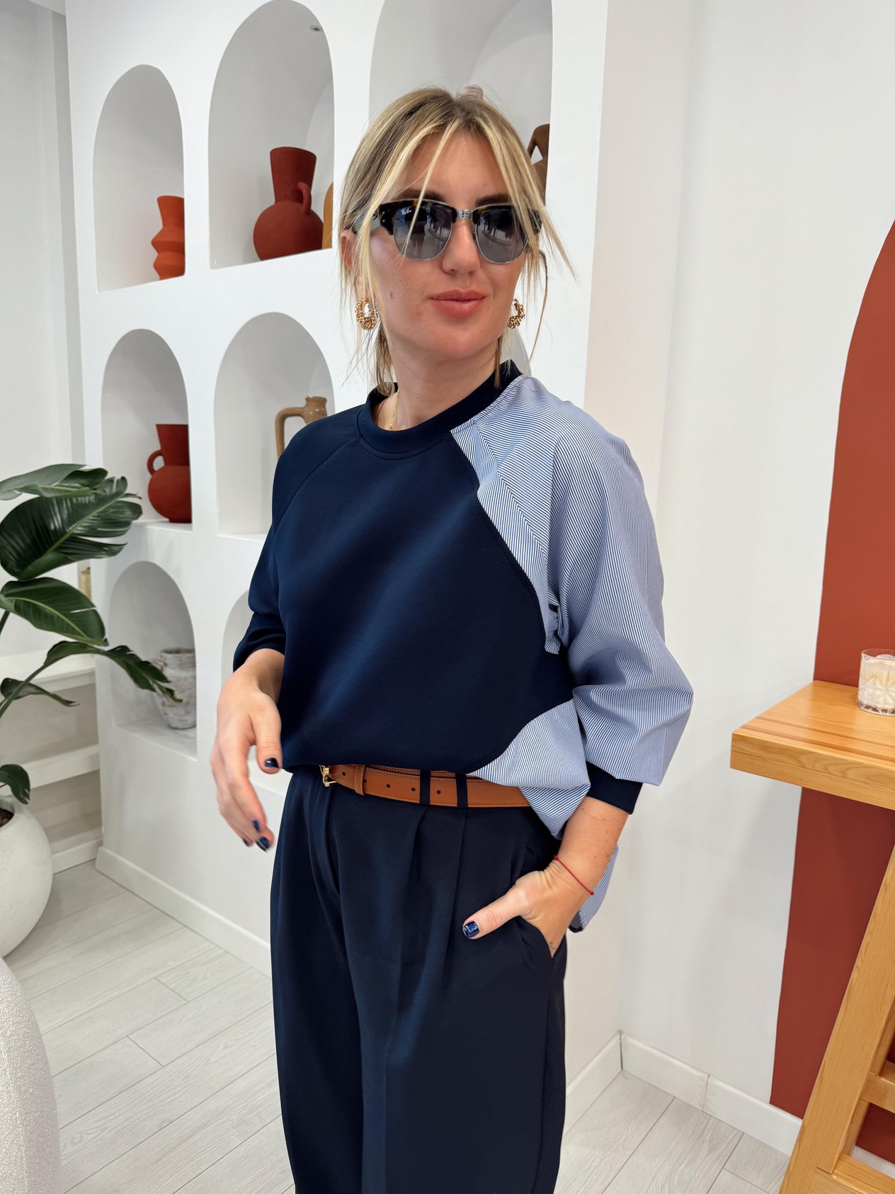 Poplin Detaylı Lacivert Modal Kumaş Sweat