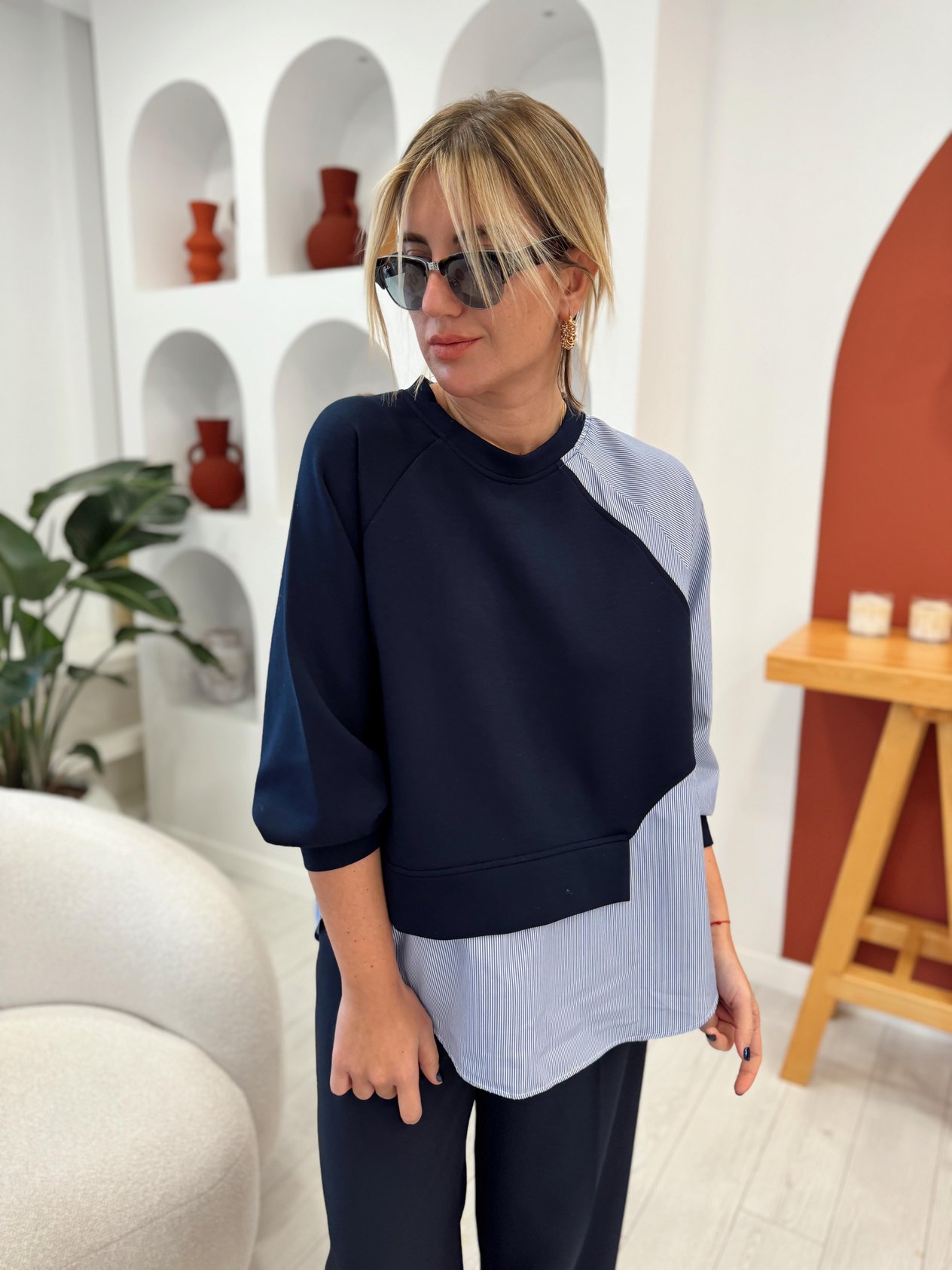 Poplin Detaylı Lacivert Modal Kumaş Sweat