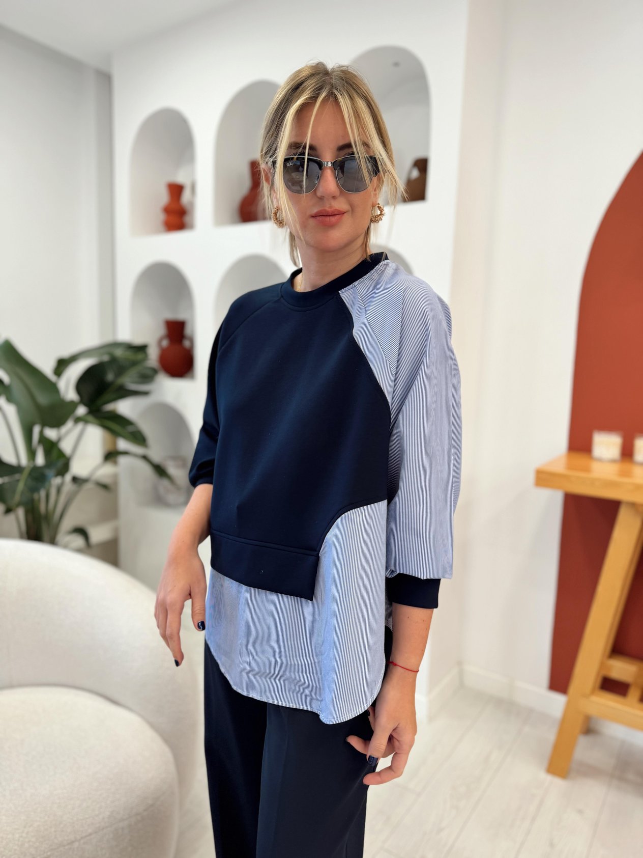 Poplin Detaylı Lacivert Modal Kumaş Sweat