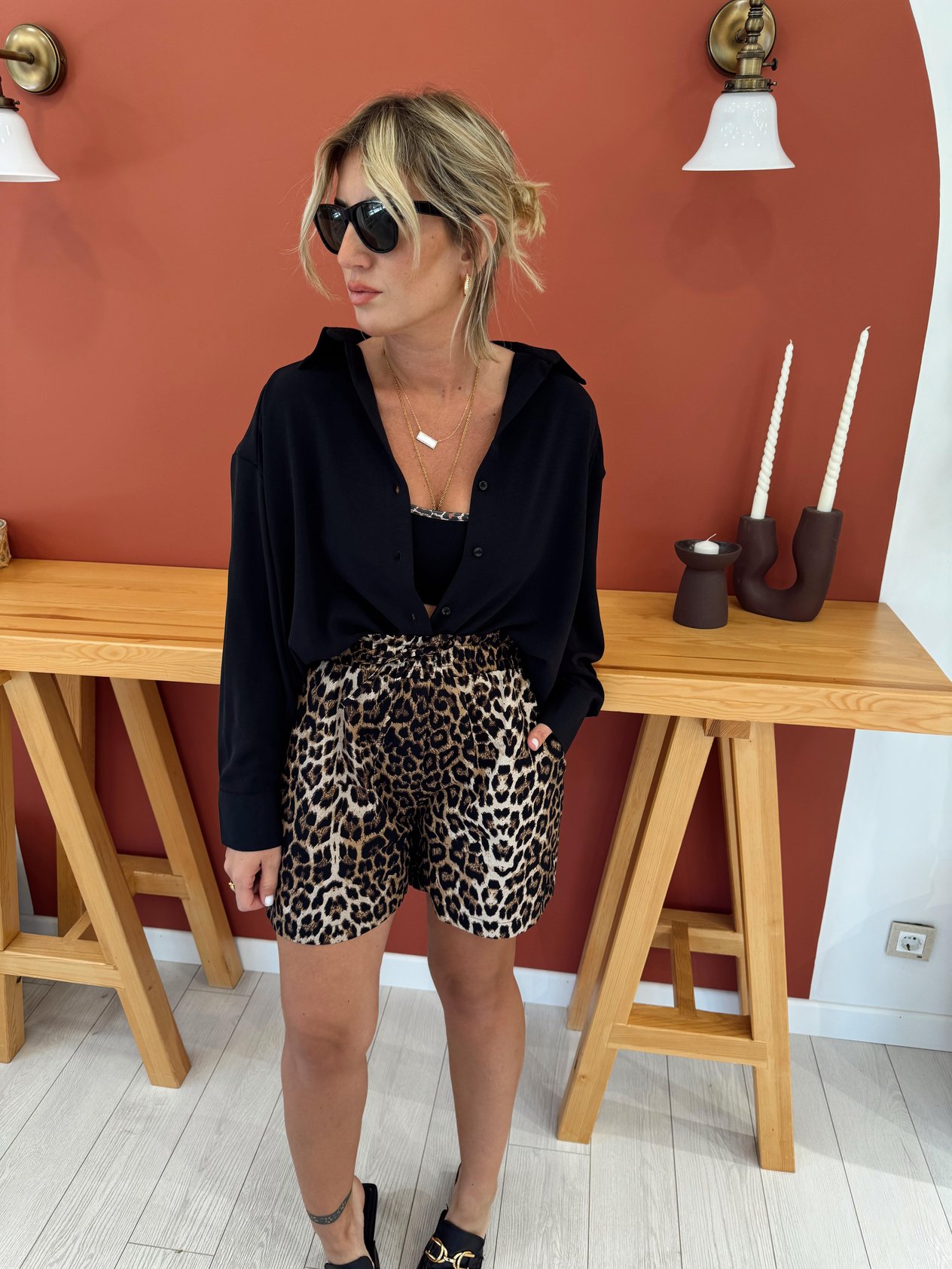 Şehir Boy Beli Lastikli Leopar Şort