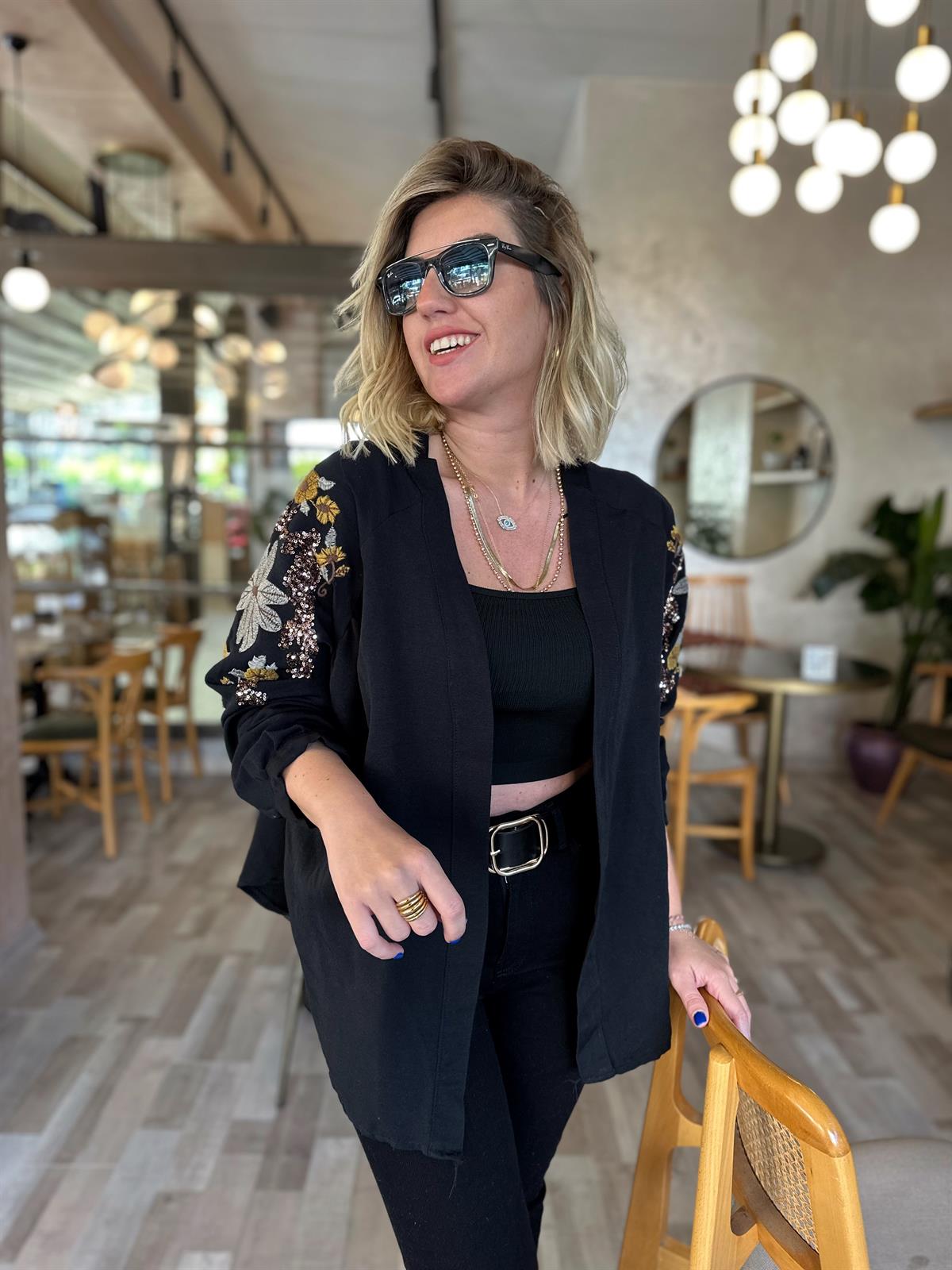 Taşlı & İşlemeli Siyah Kimono