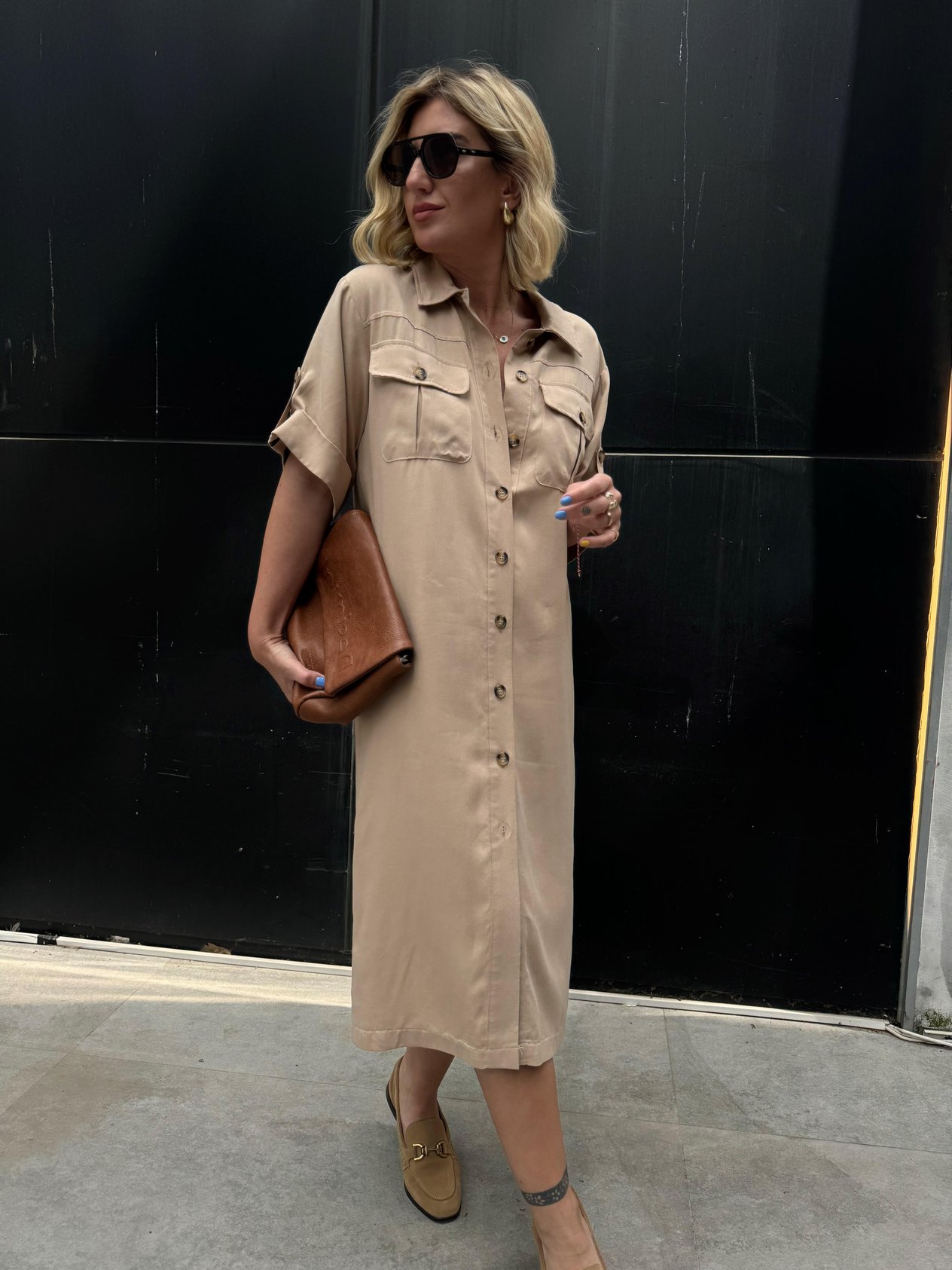 Vizon Kemerli Bej Tencel Gömlek Elbise