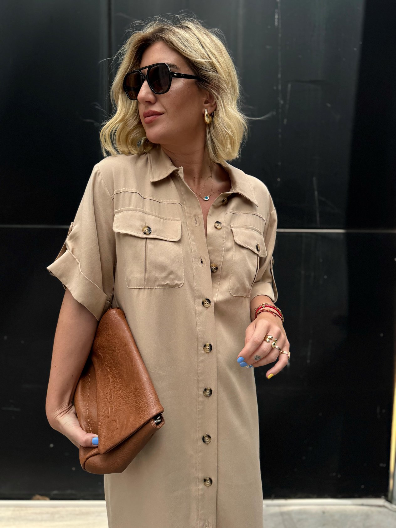 Vizon Kemerli Bej Tencel Gömlek Elbise