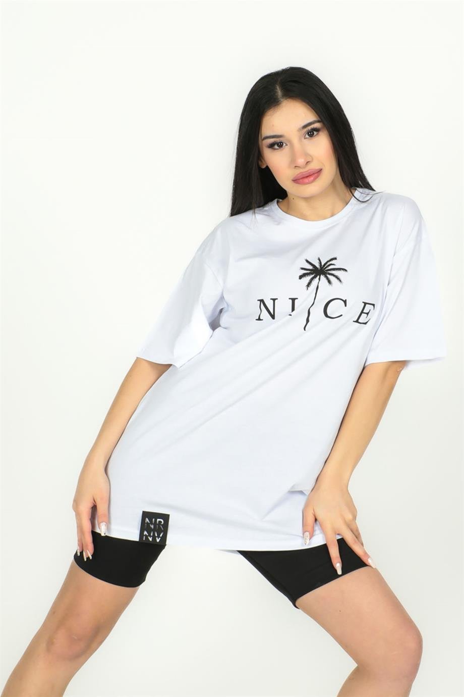 Nice Baskılı Over Size Tshirt Beyaz