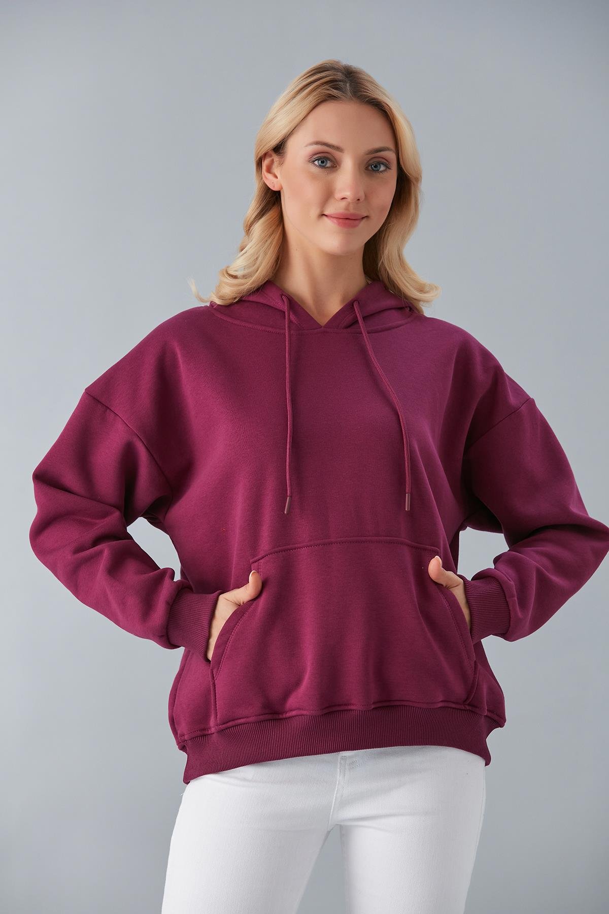 Oversize Kapşonlu Üç İplik Sweat Mor