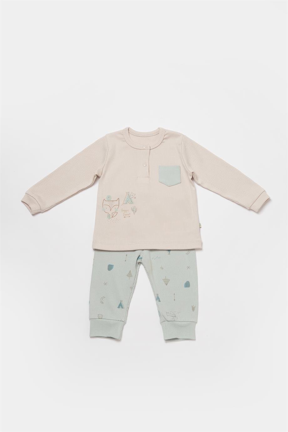 BİORGANİC MODAL HAPPY FOREST SWEATSHIRT AND TROUSERS BEIGE-MINT SET