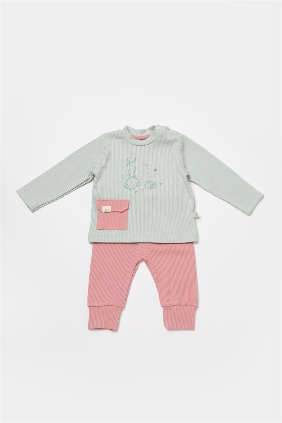 BİORGANİC MODAL PLAY WITH ME SWEATSHIRT AND TROUSERS MINT-ROSE SET