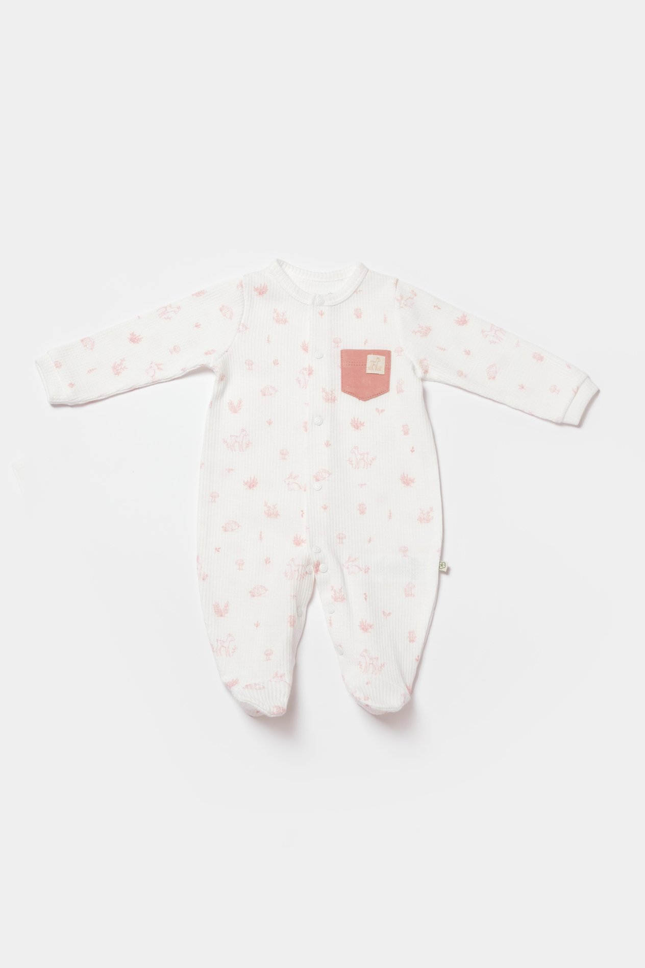 BİORGANİC WAFFLE DEER AND BIRD OVERALLS ECRU-ROSE SET