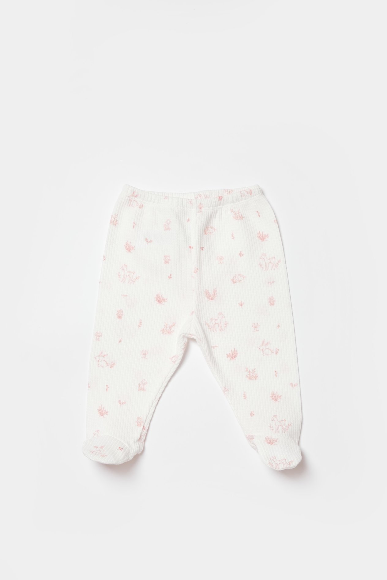 BİORGANİC WAFFLE DEER AND BIRD TROUSERS AND FEET ECRU-ROSE SET