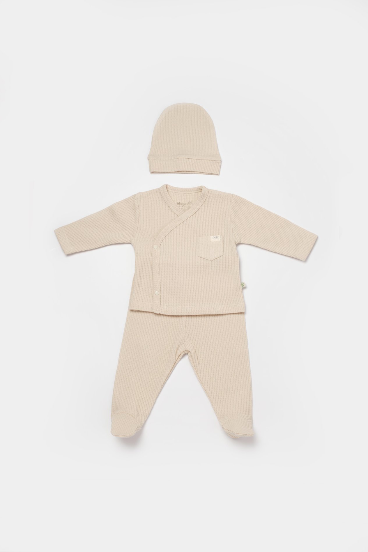 BİORGANİC WAFFLE SMİLE BABY UNDERWEAR 3 PIECE BEIGE SET